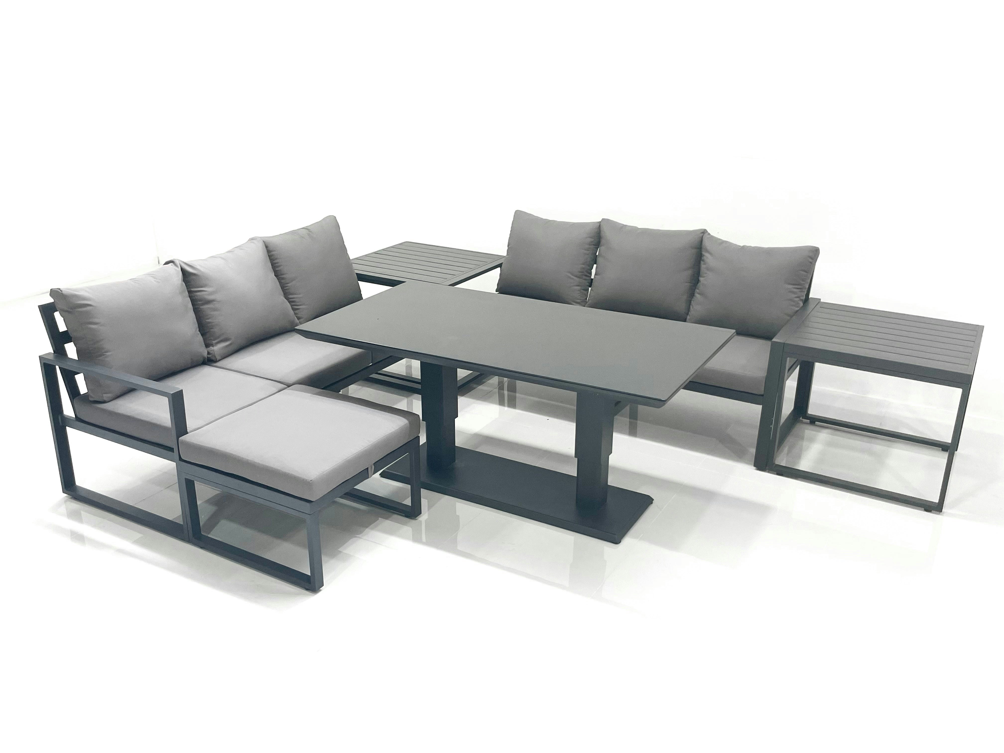 Fimous Dark/Grey 7 Seater Aluminium Outdoor Garden Furniture Set With Adjustable Rising Lifting Dining Table 3 Seater Sofa Big Footstool 2 Side Tables