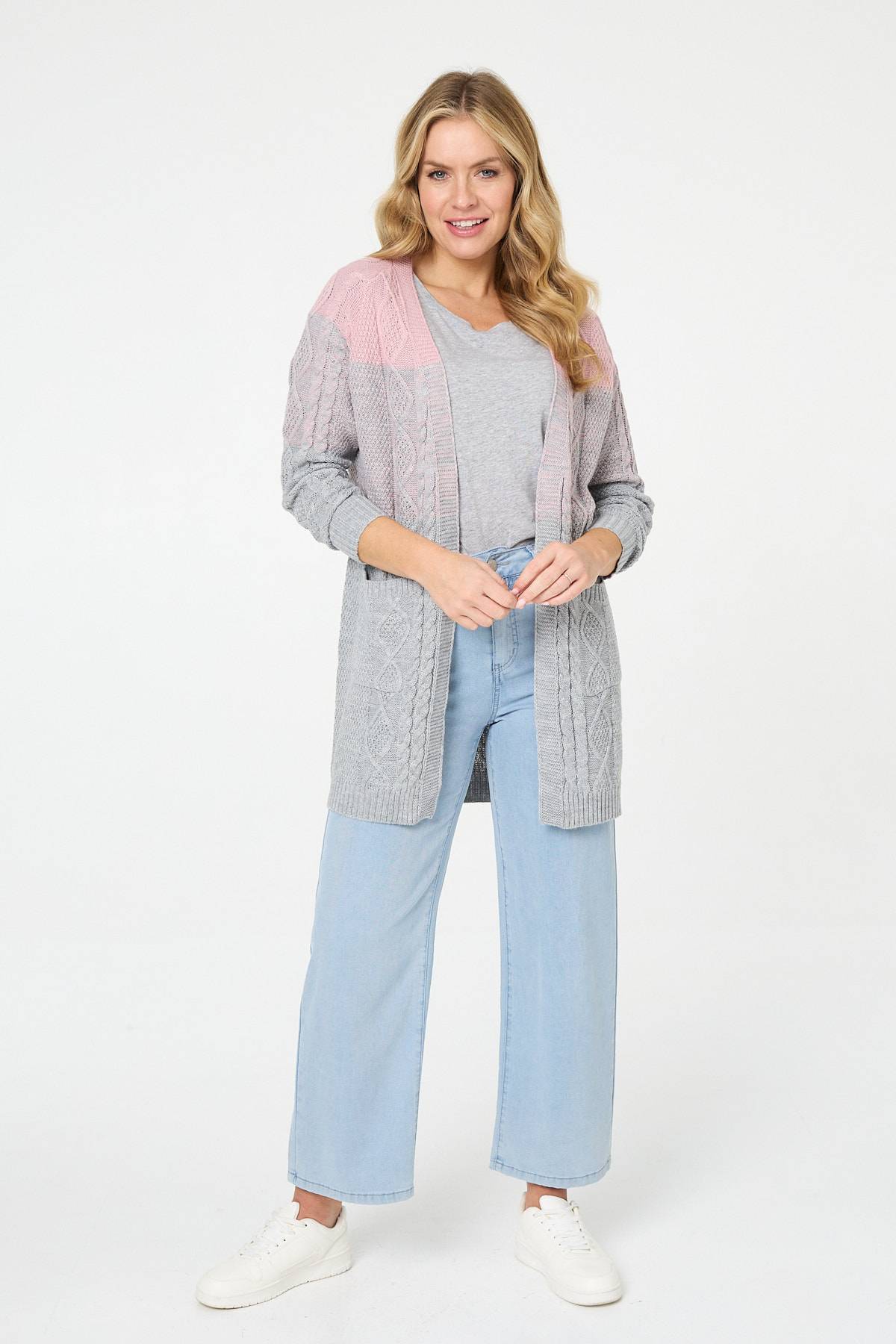 Izabel London Grey Colour Block Textured Longline Cardigan - 10