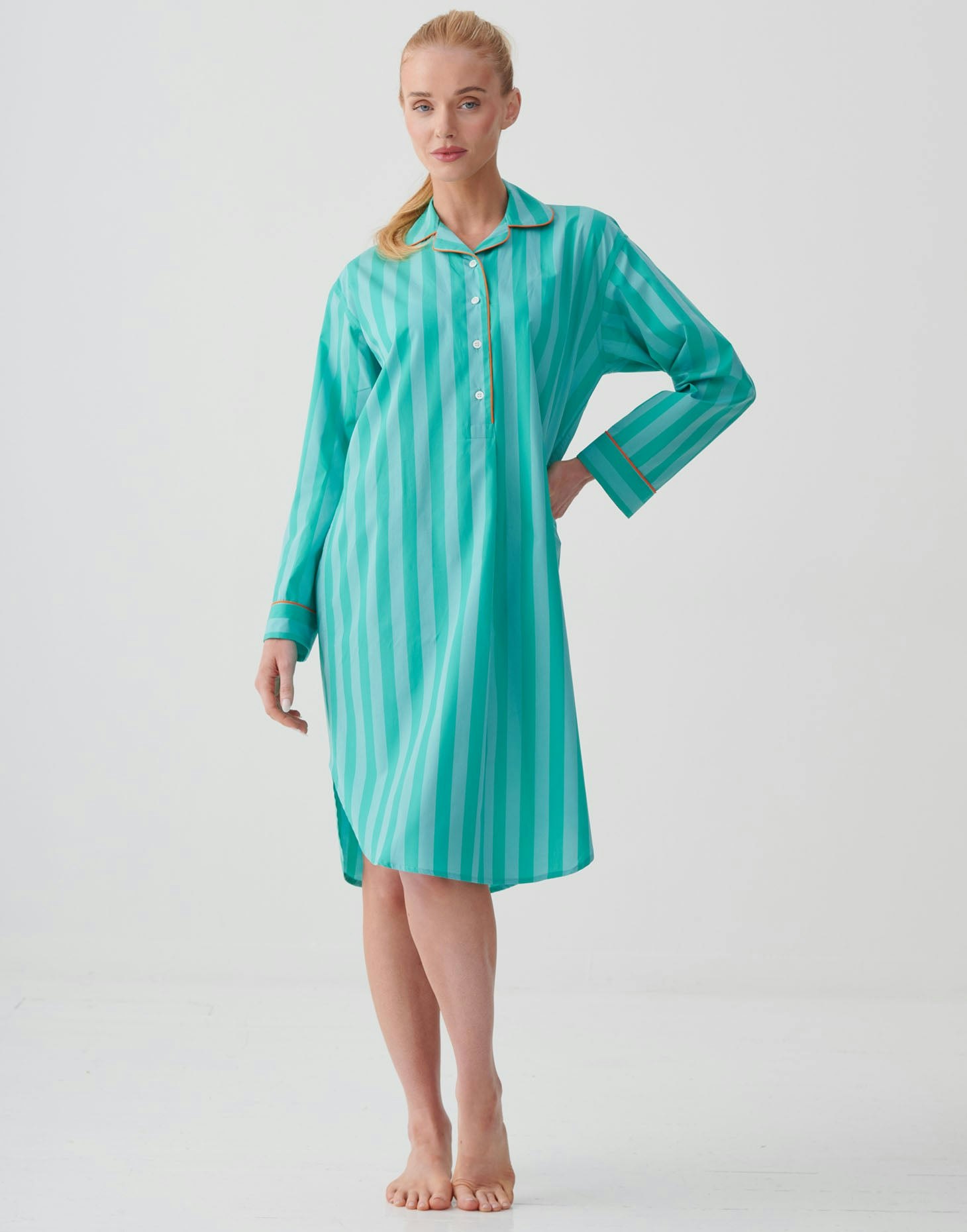 British Boxers Women's Turquoise Crisp Cotton Nightshirt – New York Stripe - Medium