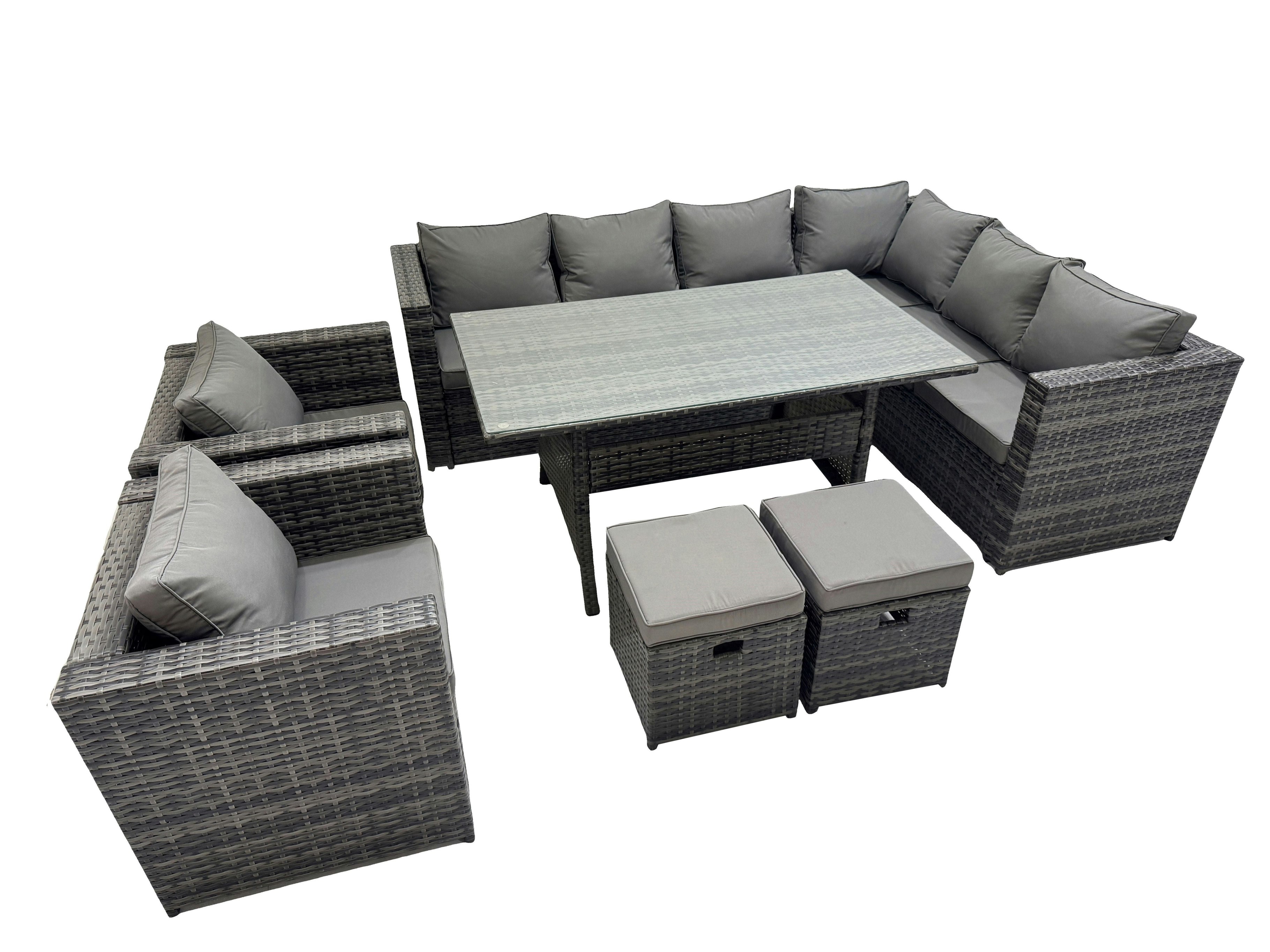 Rackhams Dark/Grey Rattan Garden Furniture Set Outdoor 10 Seater Patio Dining Corner Sofa Sets With Dining Table 2 Chairs 2 Small Stools Mixed
