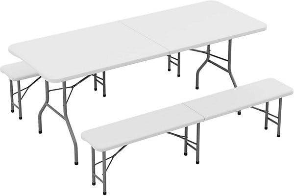 Mcc Direct White 6Ft Folding Table And Benches Heavy Duty Indoor And Outdoor Use Garden Camping Event Table