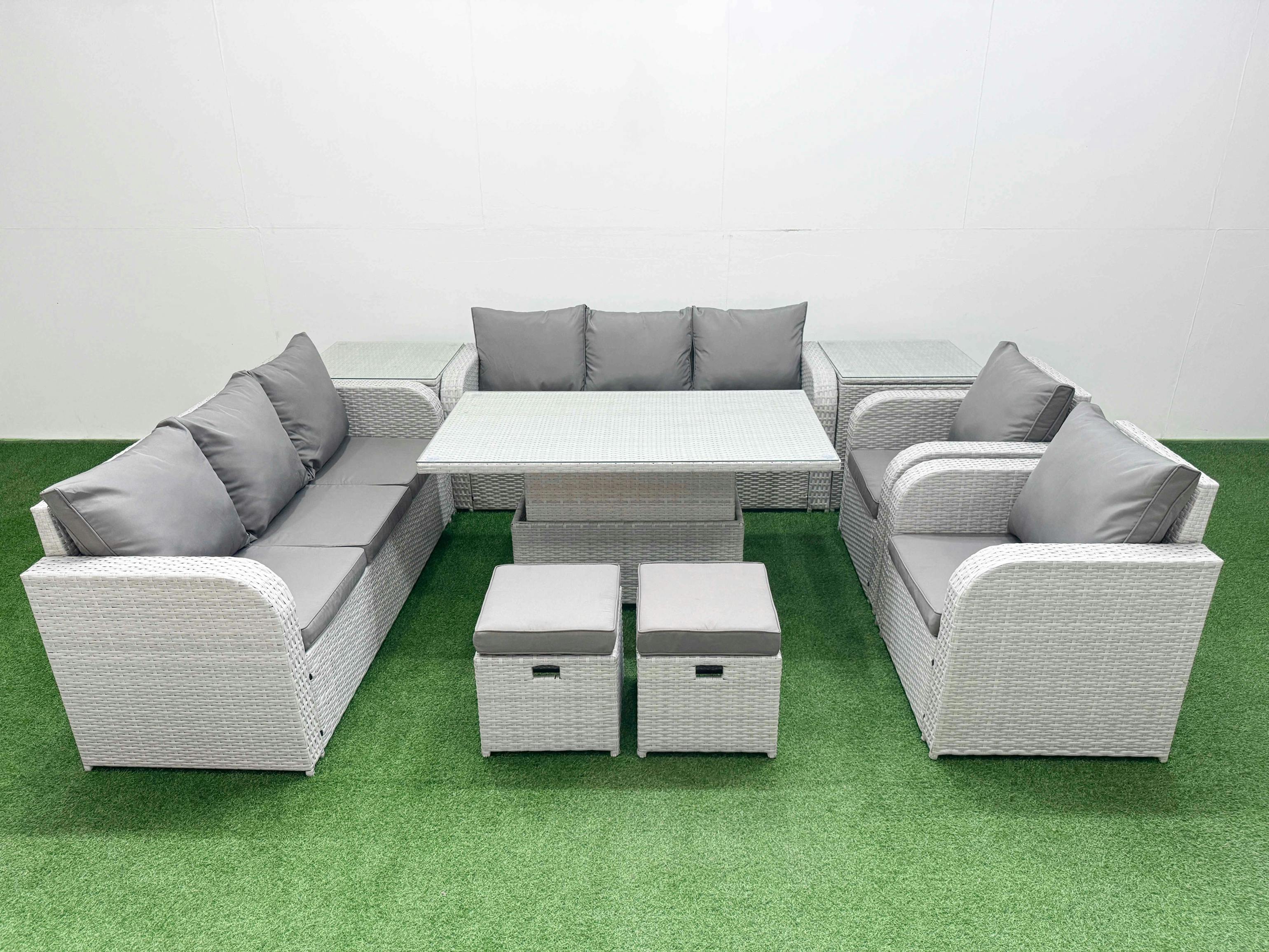 Rackhams Light/Grey Pe Rattan High Back Wicker Set, Adj Height Table, 3 Seater Sofa, Reclining Chair, Stools And 2 Side Tables,