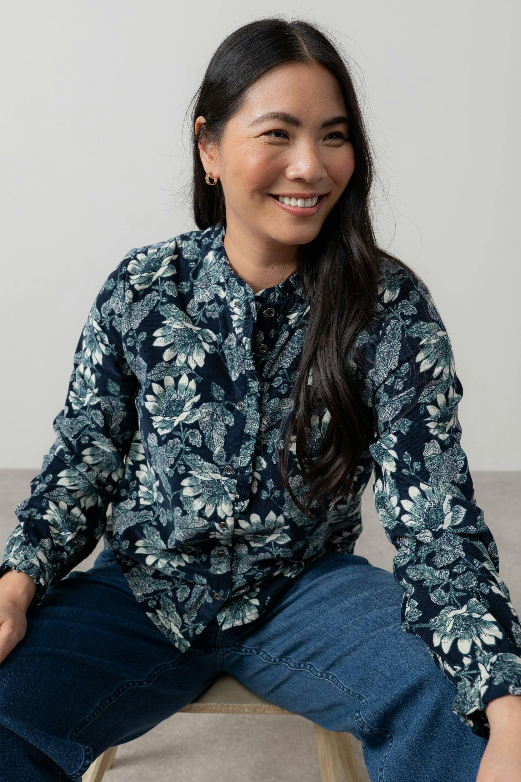 Lily & Me Rachel Cotton Pincord Frill Blouse Navy - 12 - Navy