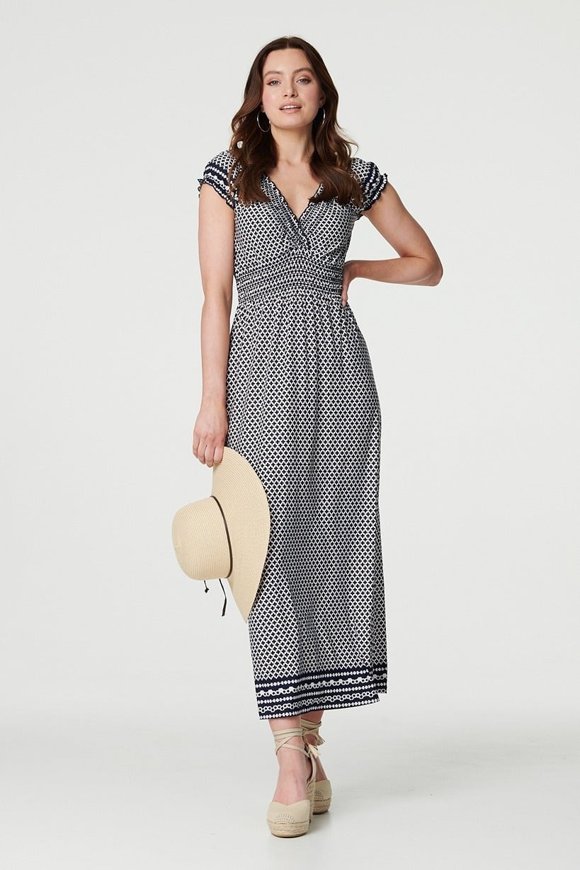 Izabel London Geo Border Print Empire Maxi Dress - Navy - 12