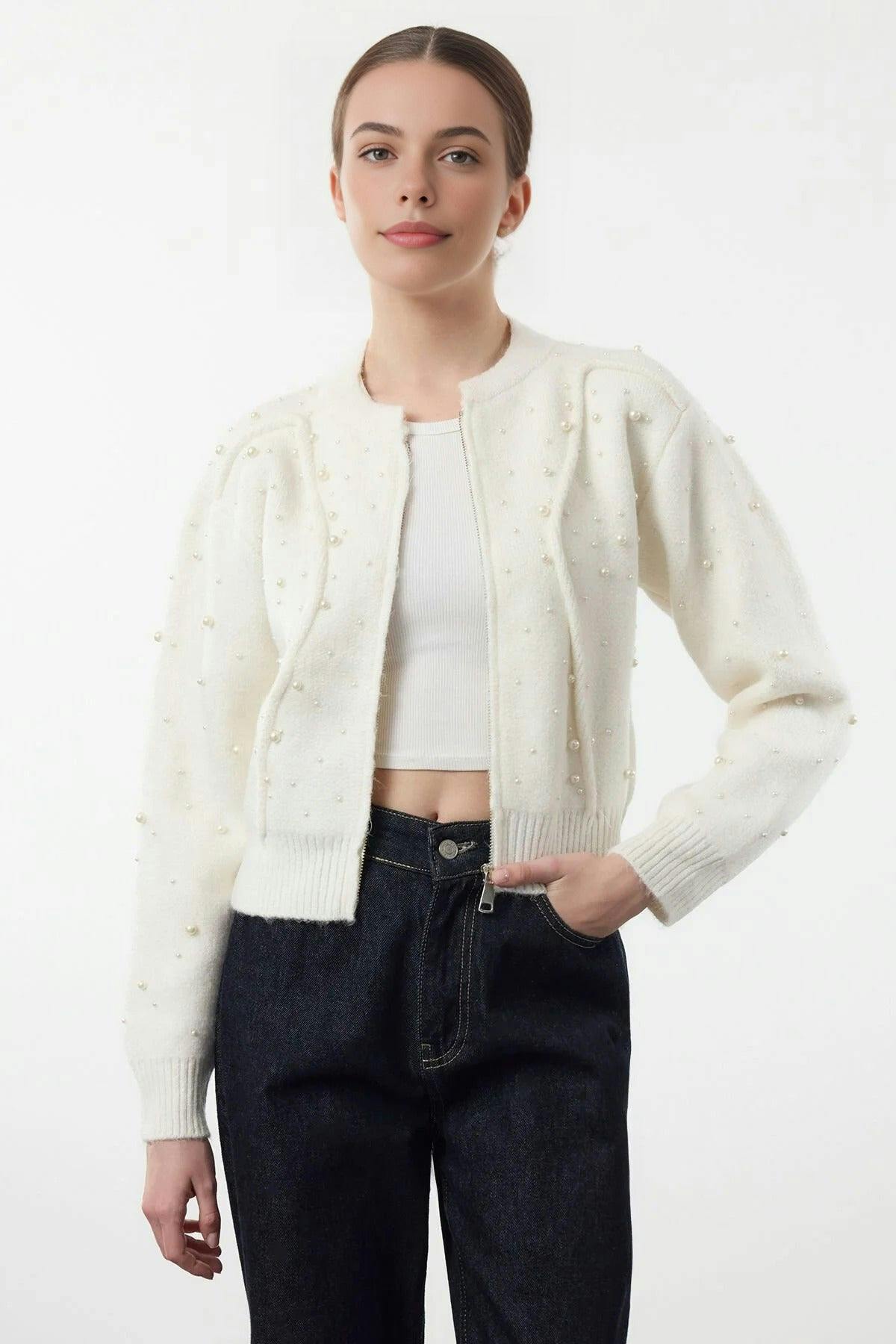 Wovcor White Soft Textured Zippered Knit Cardigan With Stone Details - L