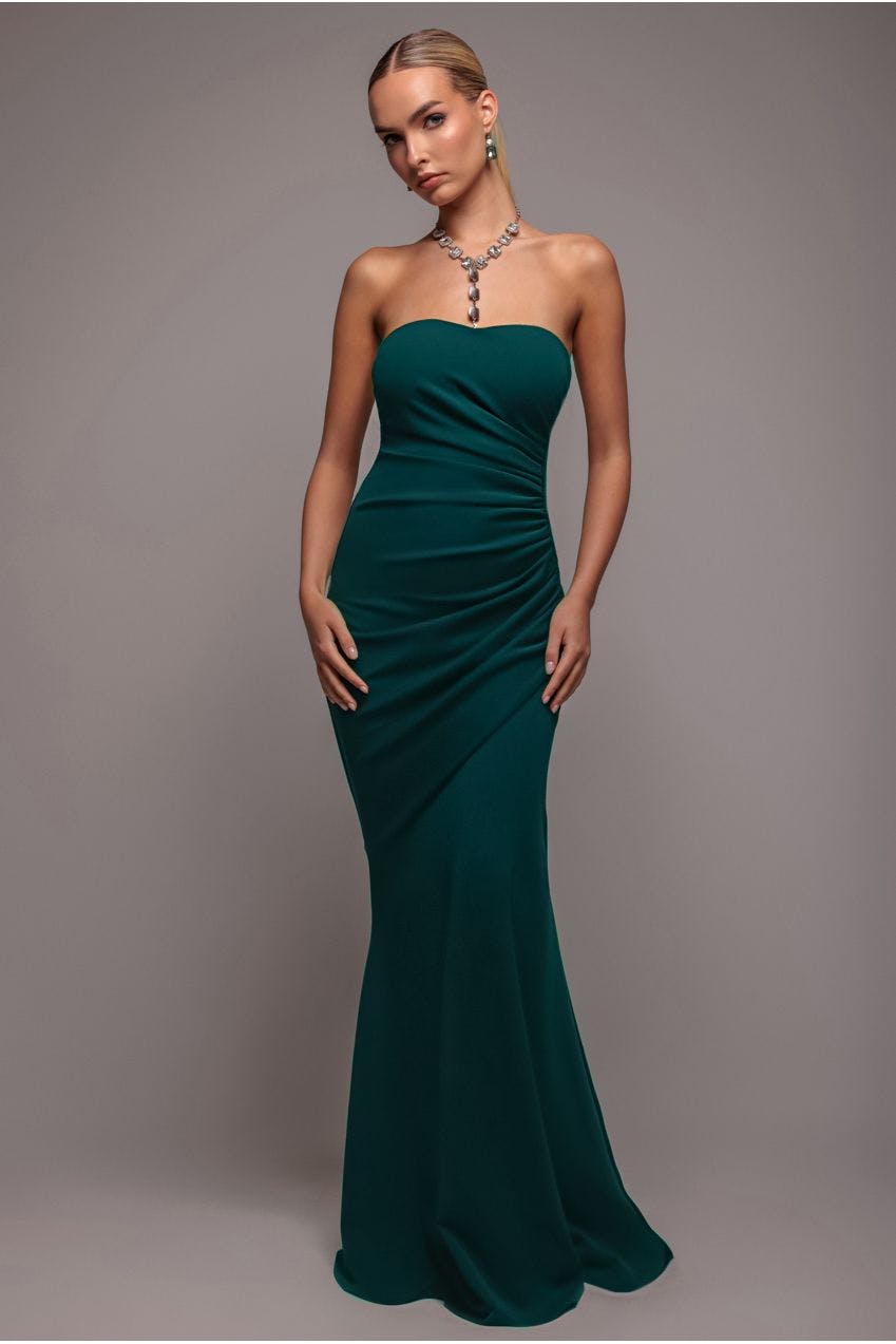 Goddiva Green Scuba Crepe Bandeau Maxi With Diamante Necklace - Emerald By - Emerald - 16
