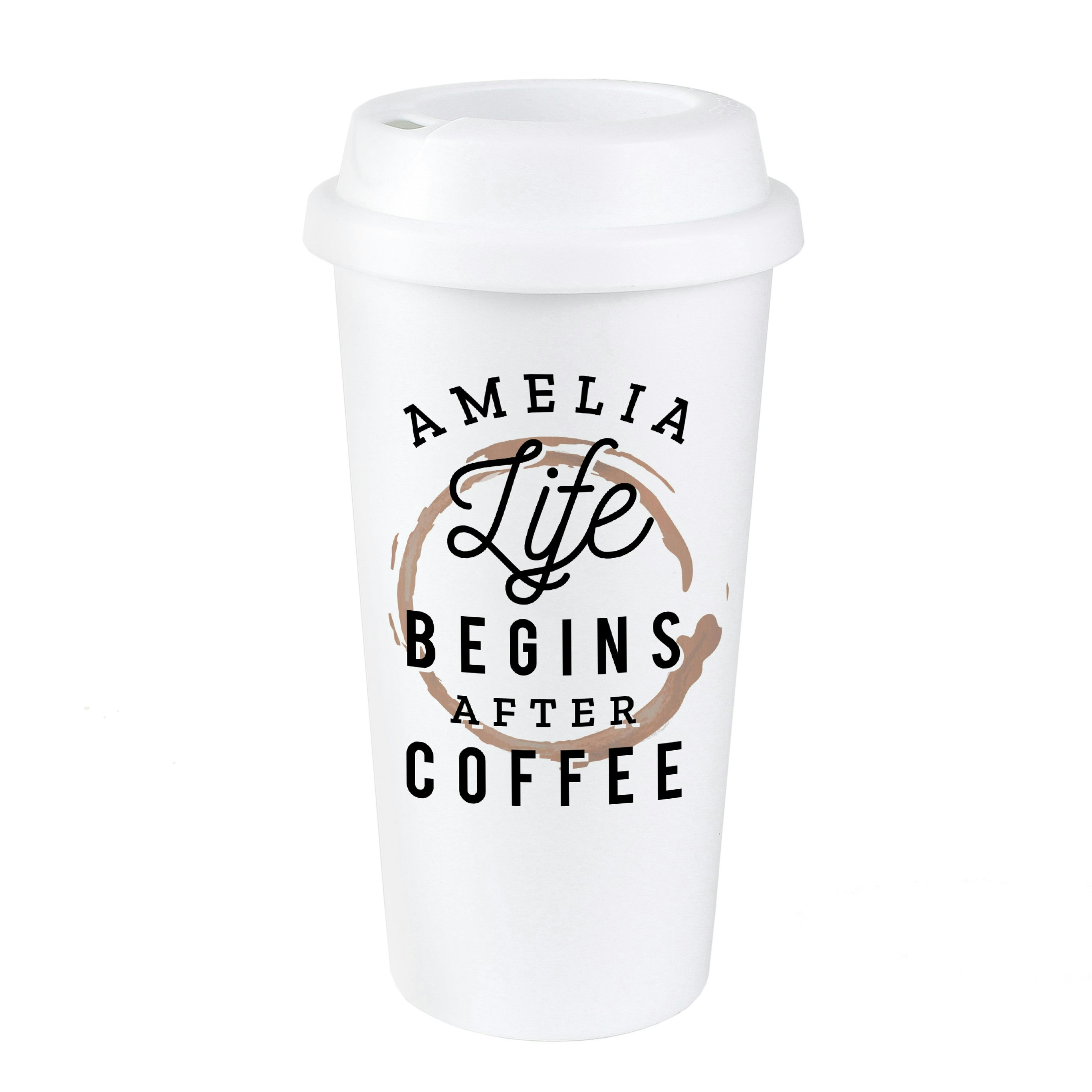 Rackhams Personalised 'Life Begins After Coffee' Insulated Reusable Eco Travel Cup