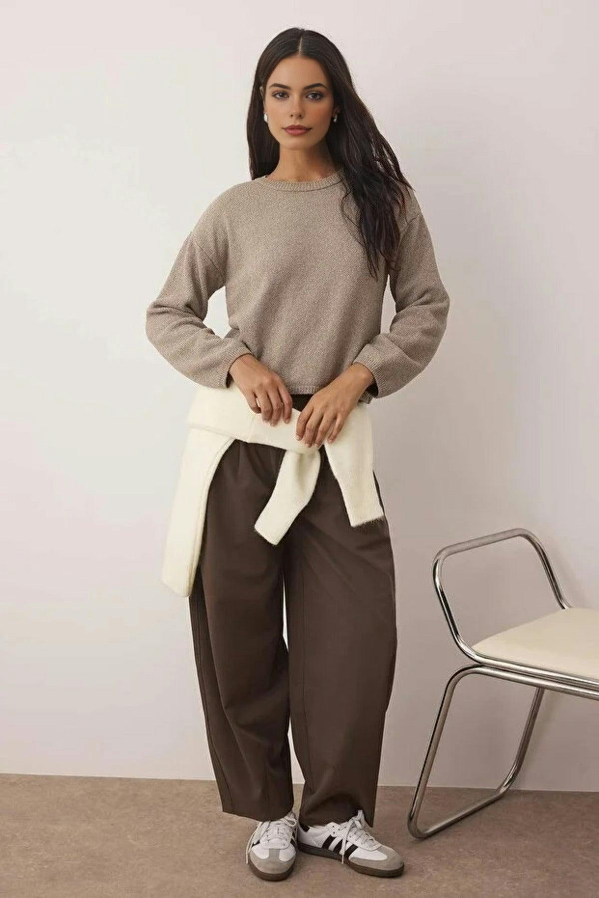 Wovcor Cotton Loose Fit Basic Knit Sweater - Taupe - M