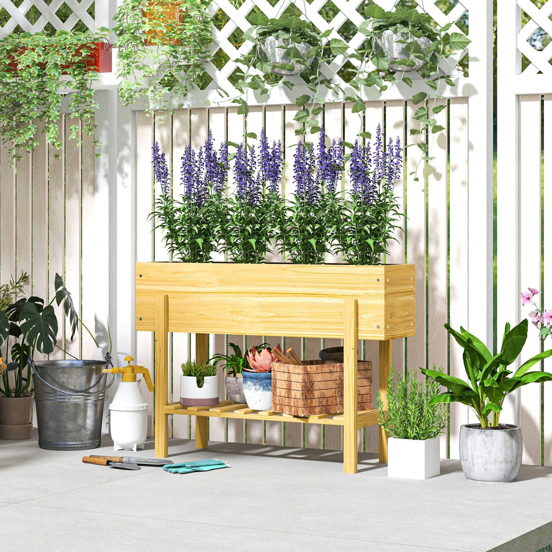 Outsunny Natural Wood Finish Wooden Raised Garden Bed With Bed Liner And Storage Shelf - Image 2