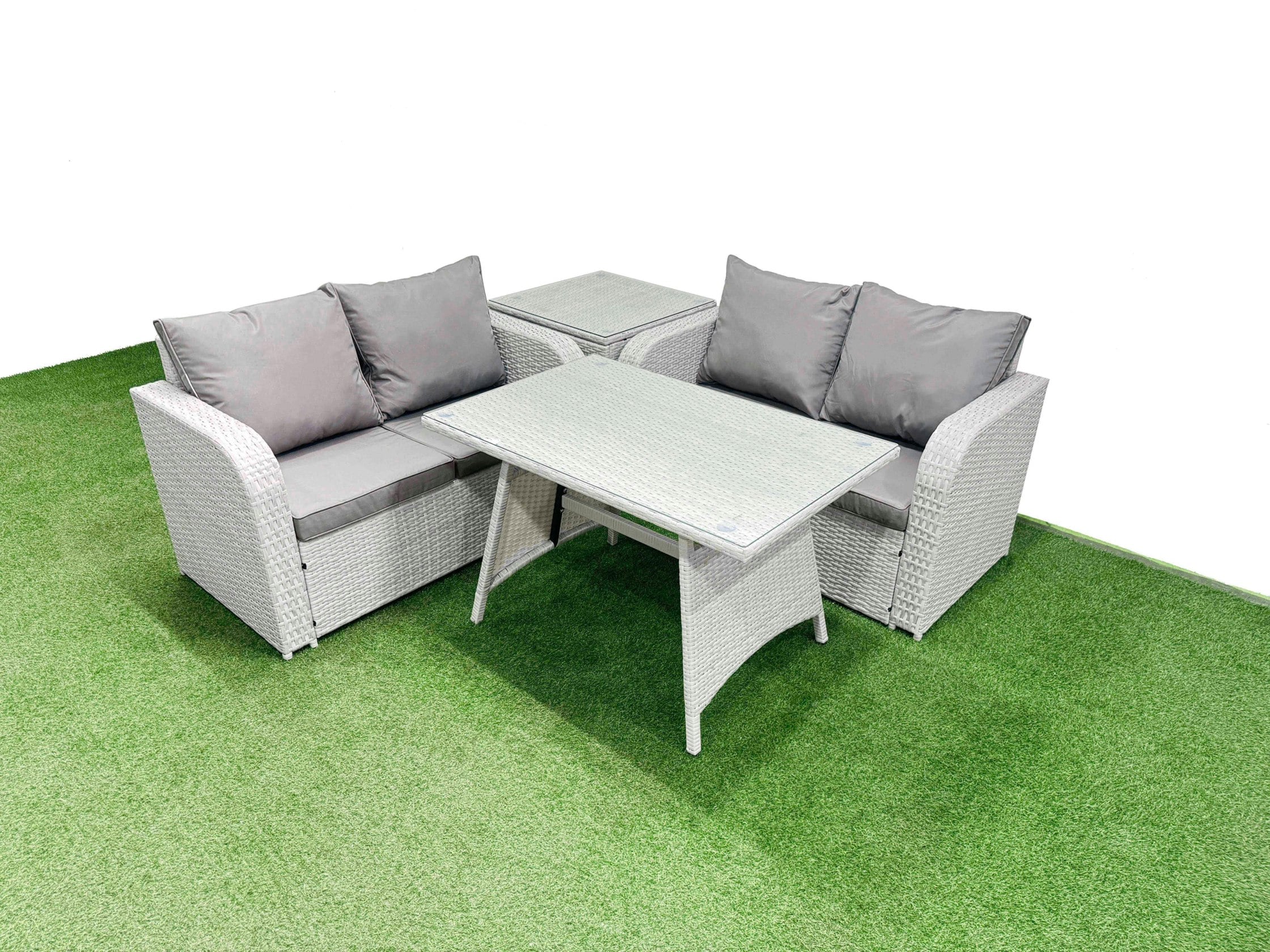 Rackhams Light/Grey 4 Seat Outdoor Love Sofa Set Rattan Garden Furniture Set With Rectangular Dining Table Side Table