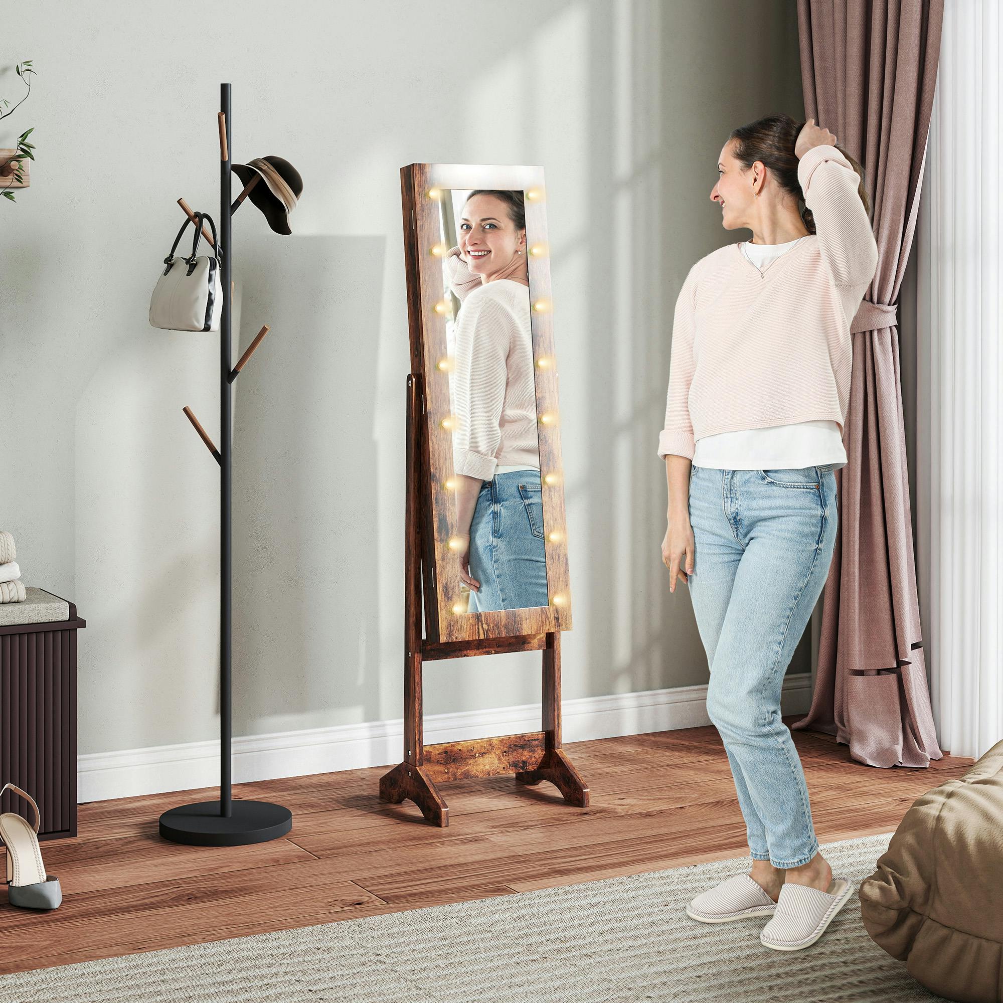 Rackhams Dark/Brown Freestanding Led Mirrored Jewelry Cabinet - 36L X 30W X 136H Cm - Modern - 16 Led Lights