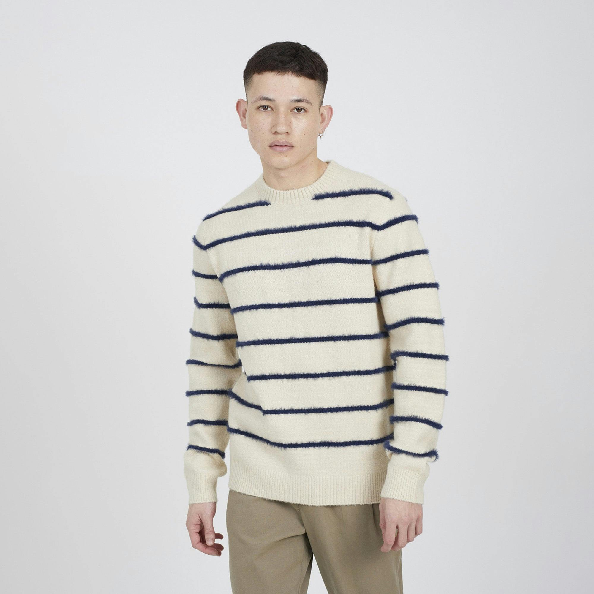 Brave Soul High Crew Neck Striped Knit Jumper - Ecru - Ecru - L