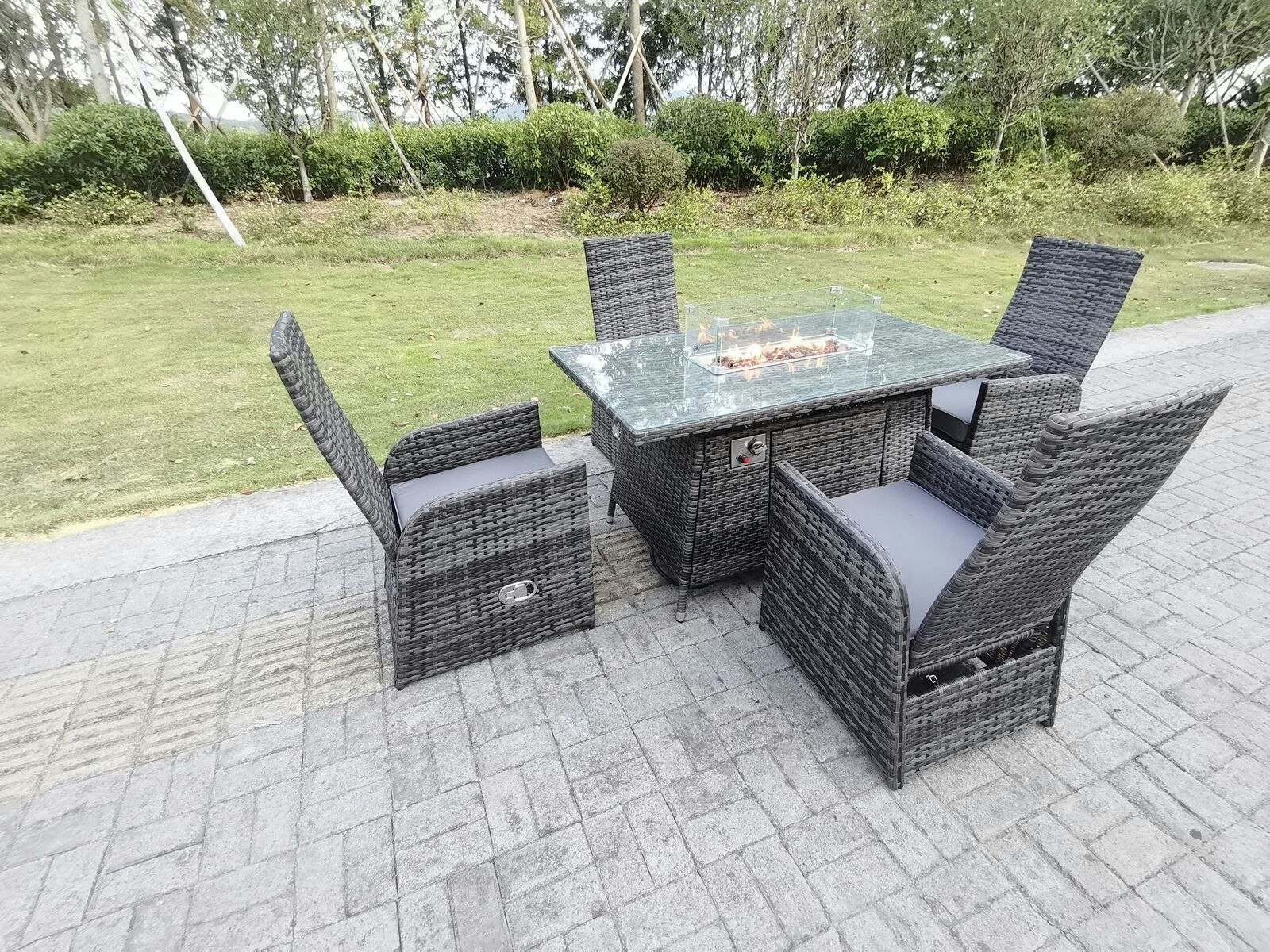 Rackhams Rattan Outdoor Garden Furniture Gas Fire Pit Dining Table Gas Heater Burner Reclining Table And Chair Sets 4 Seater Plus Rectangular Table