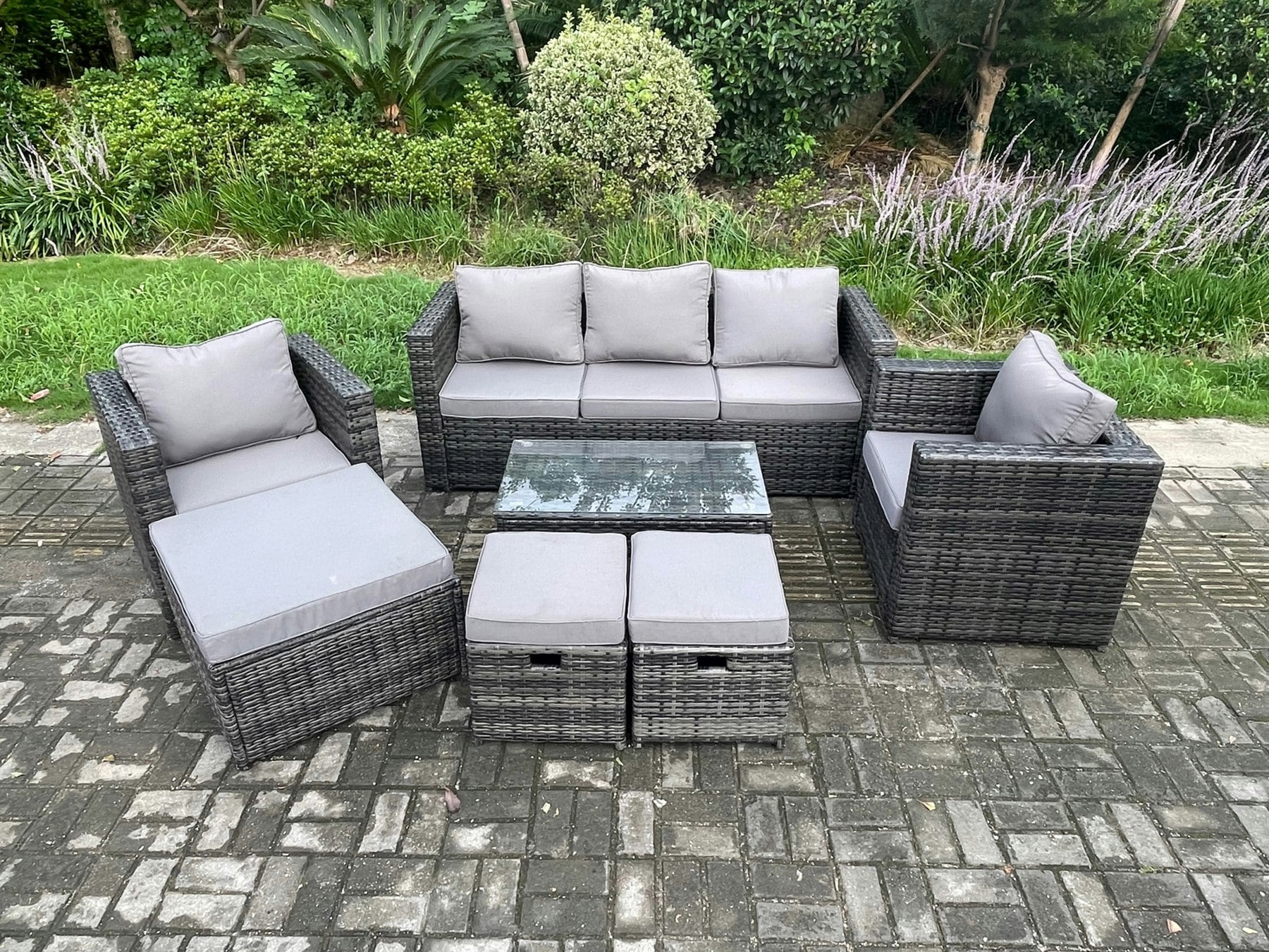 Fimous Dark/Grey Outdoor Rattan Garden Furniture Set With 3 Seater Sofa Coffee Table 2 Armchairs 3 Footstools Patio Lounge Sofa Set Mixed