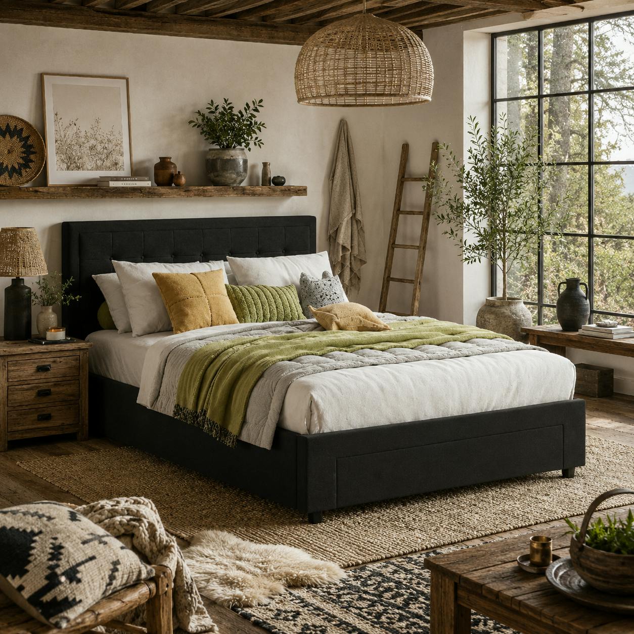 Wyld Haus Black Mora 4Ft6 Double Ottoman Bed Frame With Front Divan Drawer Storage