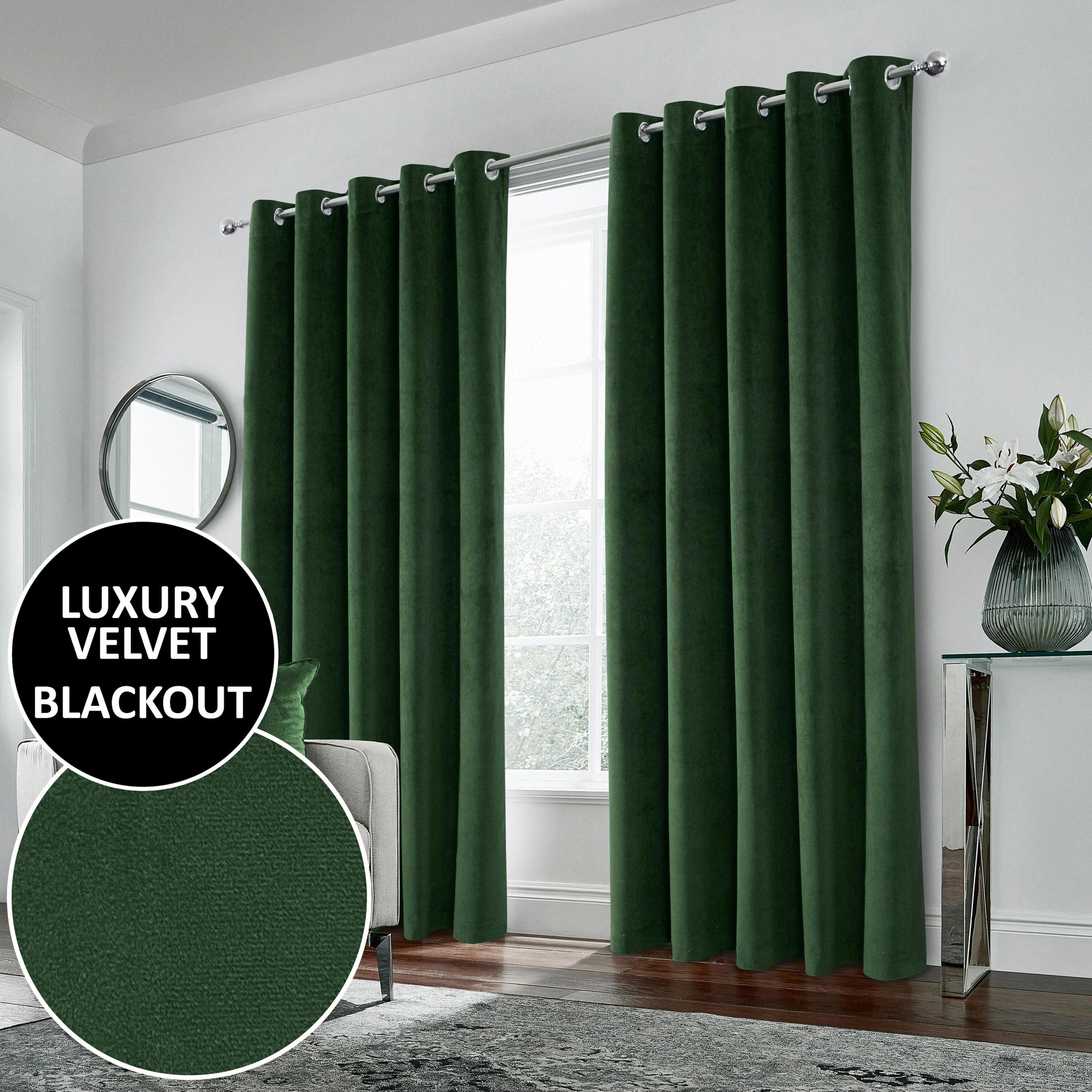 Enhanced Living Green 100% Blackout Luxury Supersoft Velvet Thermal Eyelet Curtains For Living Room & Bedrooms - 66" (168Cm) Width X 90" (229Cm) Drop