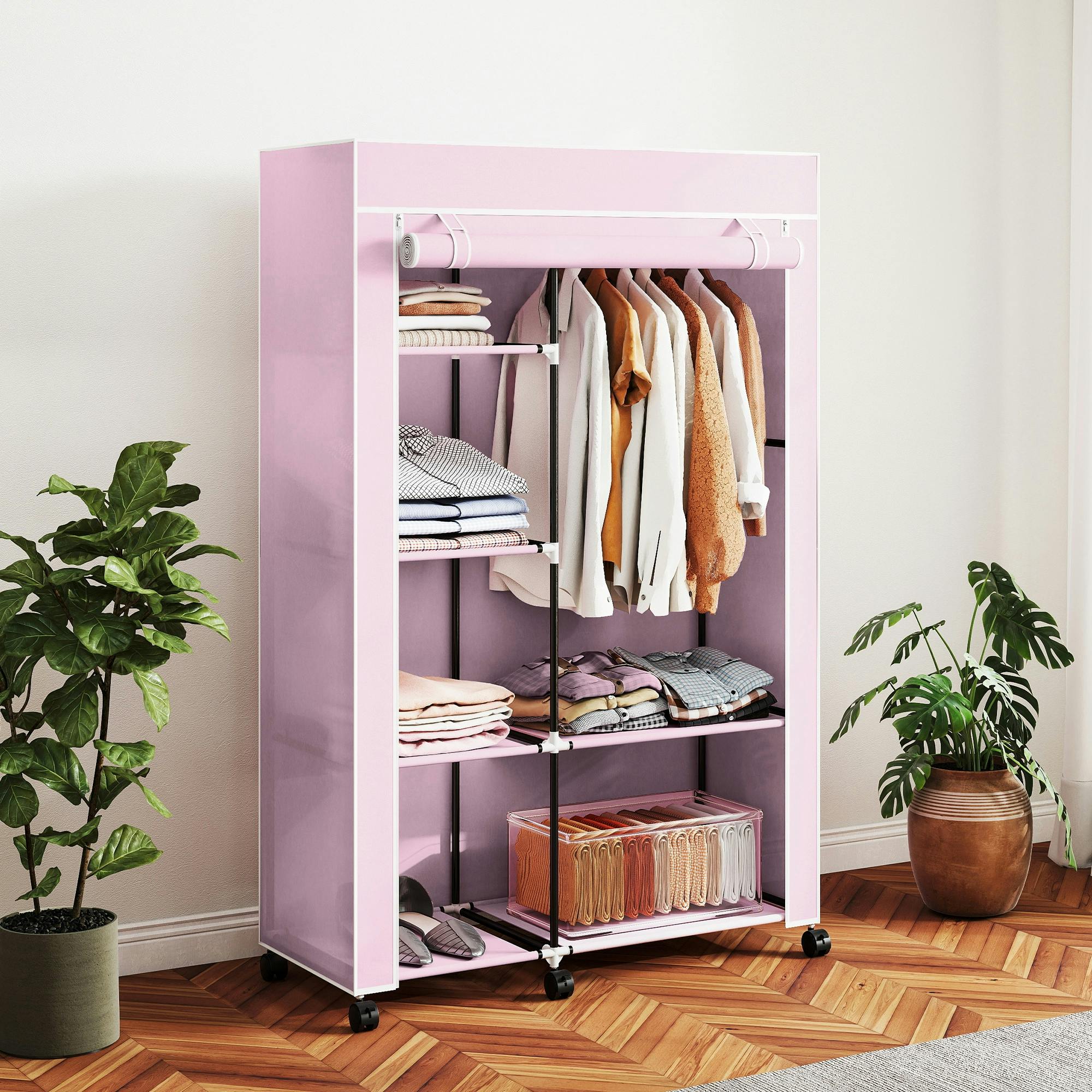 Rackhams Pink Fabric Wardrobe W/ Shelves Hanging Rail Foldable Wardrobes,