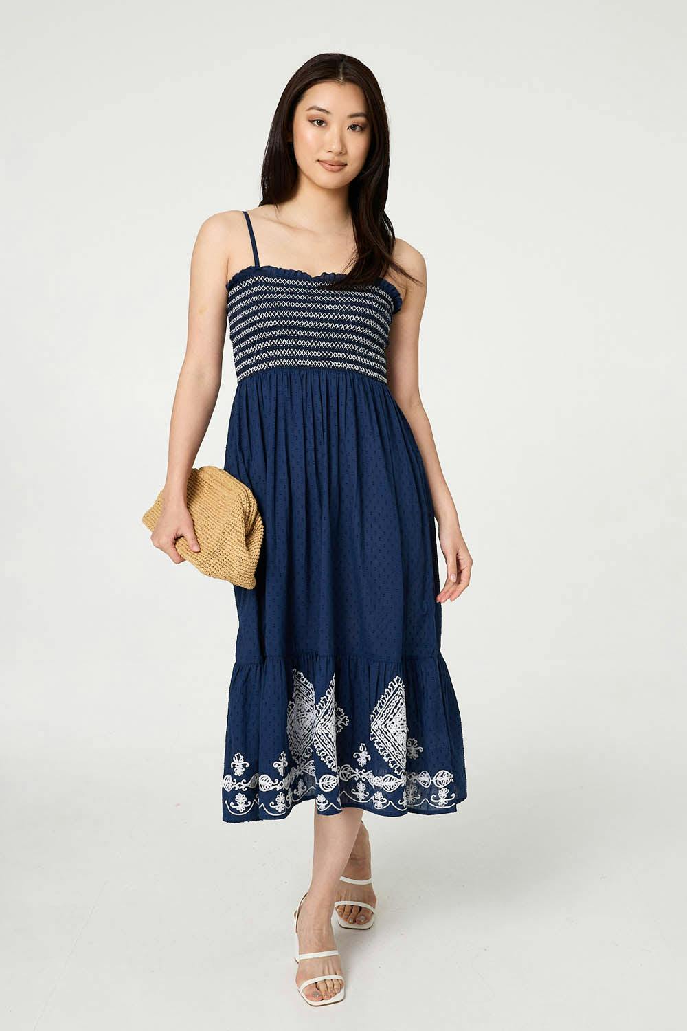 Izabel London Blue Embroidered Border Cami Strap Midi Dress - 18