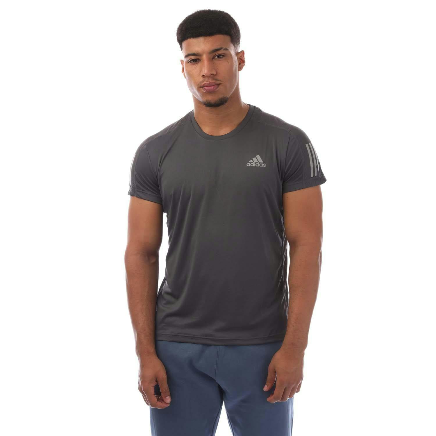 Adidas Men's Grey Own The Run Stripe T-Shirt - Xs - 76% Recycled Polyester/12% Cotton/12% Viscose