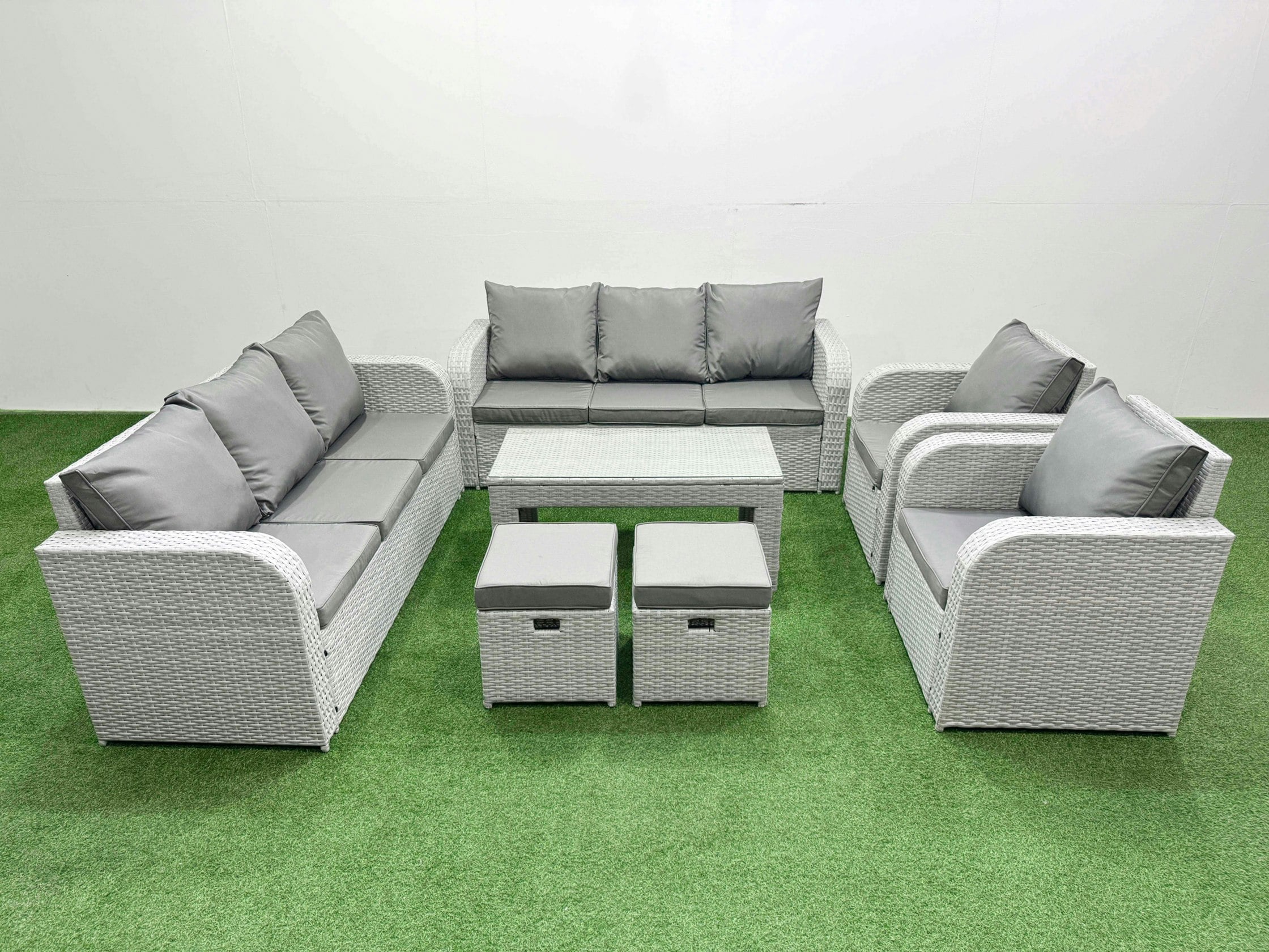 Fimous Light/Grey Pe Rattan High Back Lounge Sofa Set Patio Oblong Coffee Table & Chairs Set With 3 Seater Sofa Reclining Chair Stools