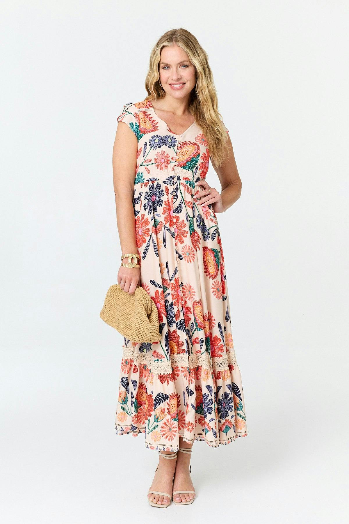 Izabel London Orange Floral Cap Sleeve V-Neck Maxi Dress - 8