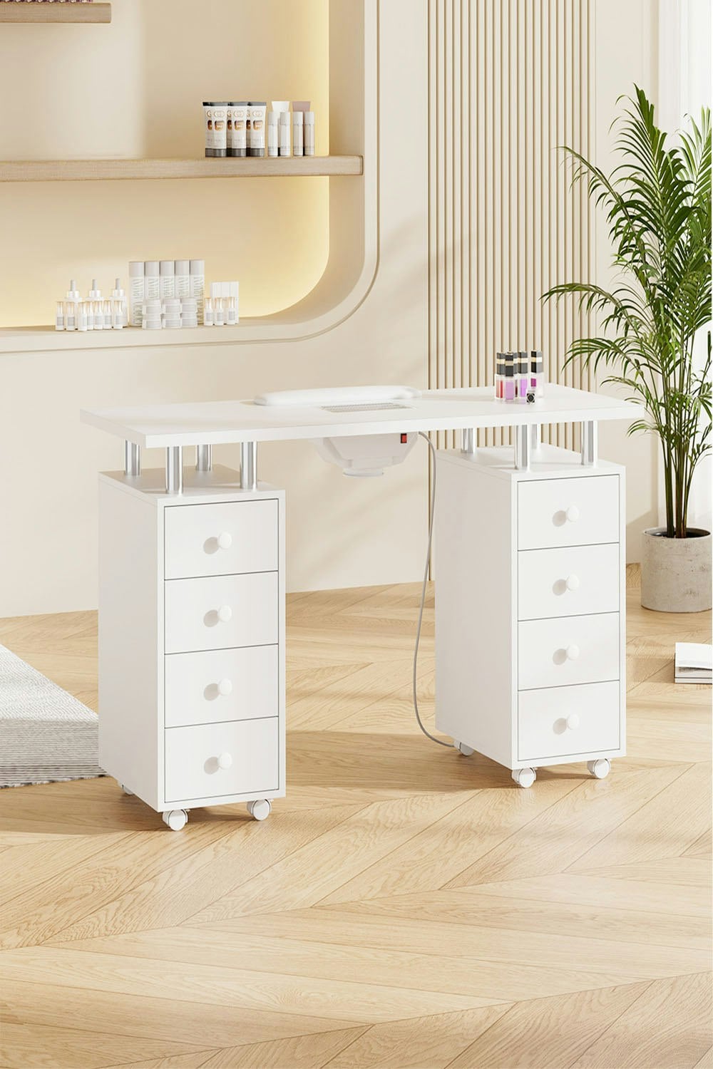 Rackhams White Professional Fashion Makeup Desk Dresser Manicure Table Nail Desk With Rolling Wheels For Spa Beauty Salon & Home