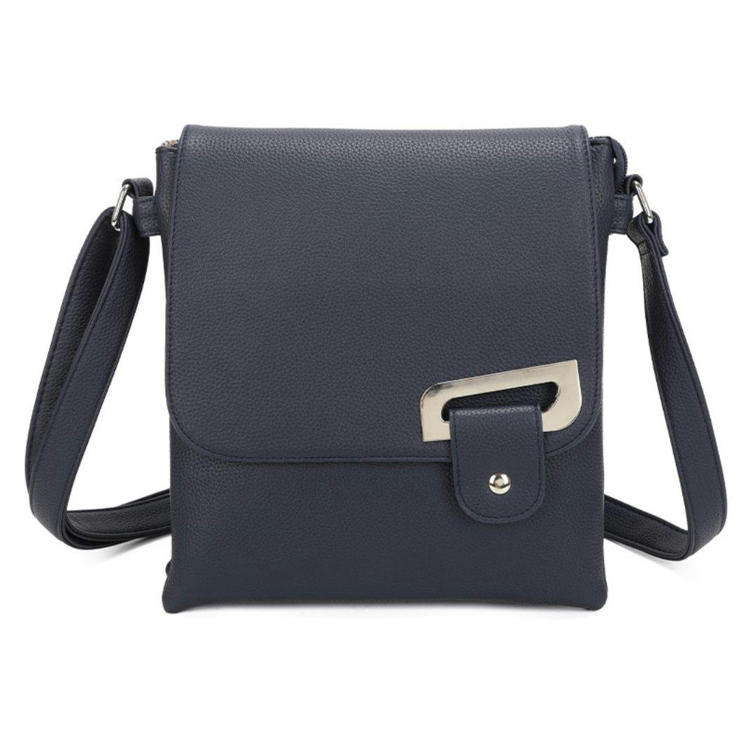 Love Emvy Silver Portfolio Buckle Range Crossbody Bag – Faux Leather - Navy