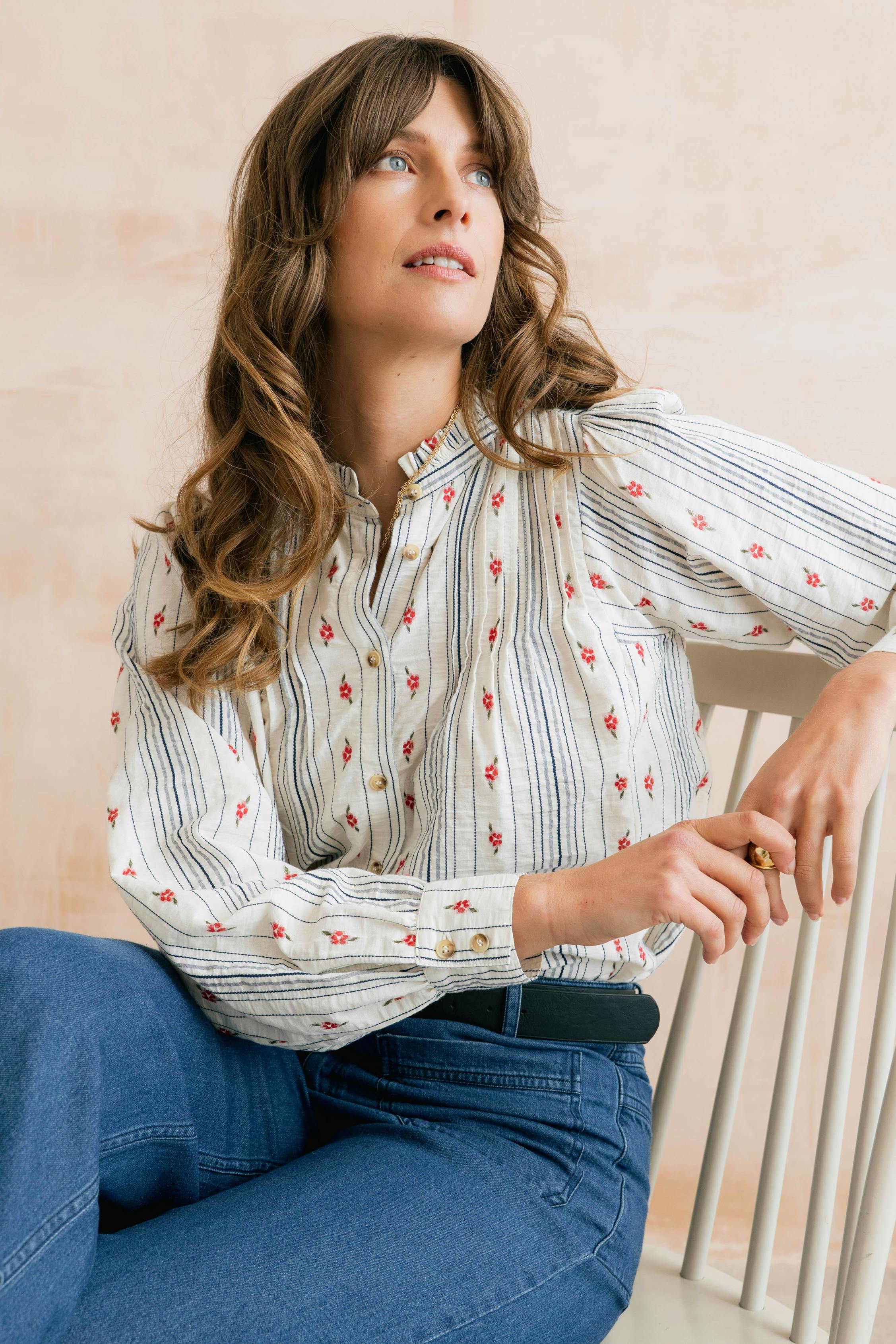 Lily & Me Red Flora Embroide Stripe Blouse Ecru - Ecru - 14