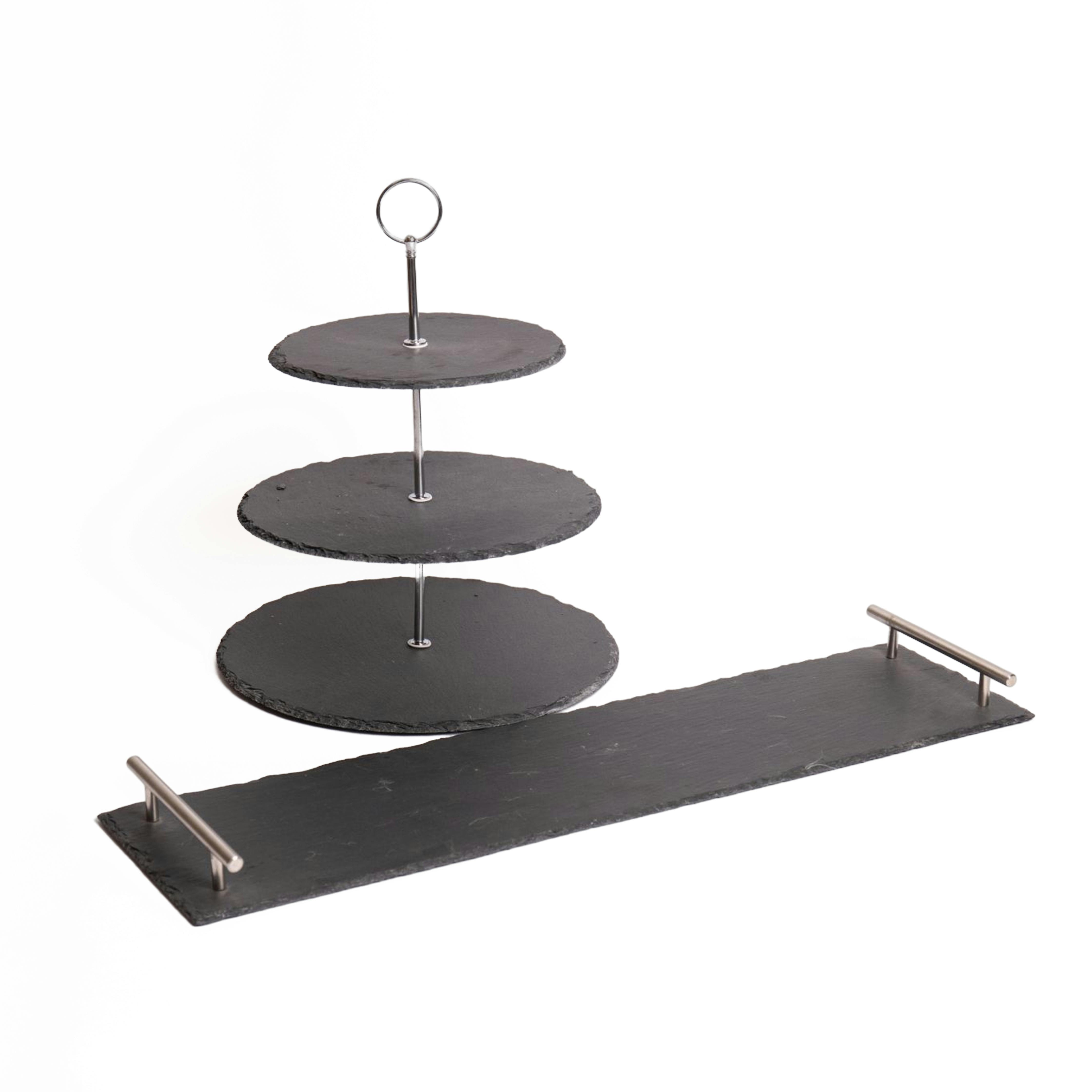 Rackhams Black 2Pc Slate Serving Set With Appetiser Slate 3-Tier Serving Stand And Rectangular Serving Platter With Handles - Slate - Serving Stands