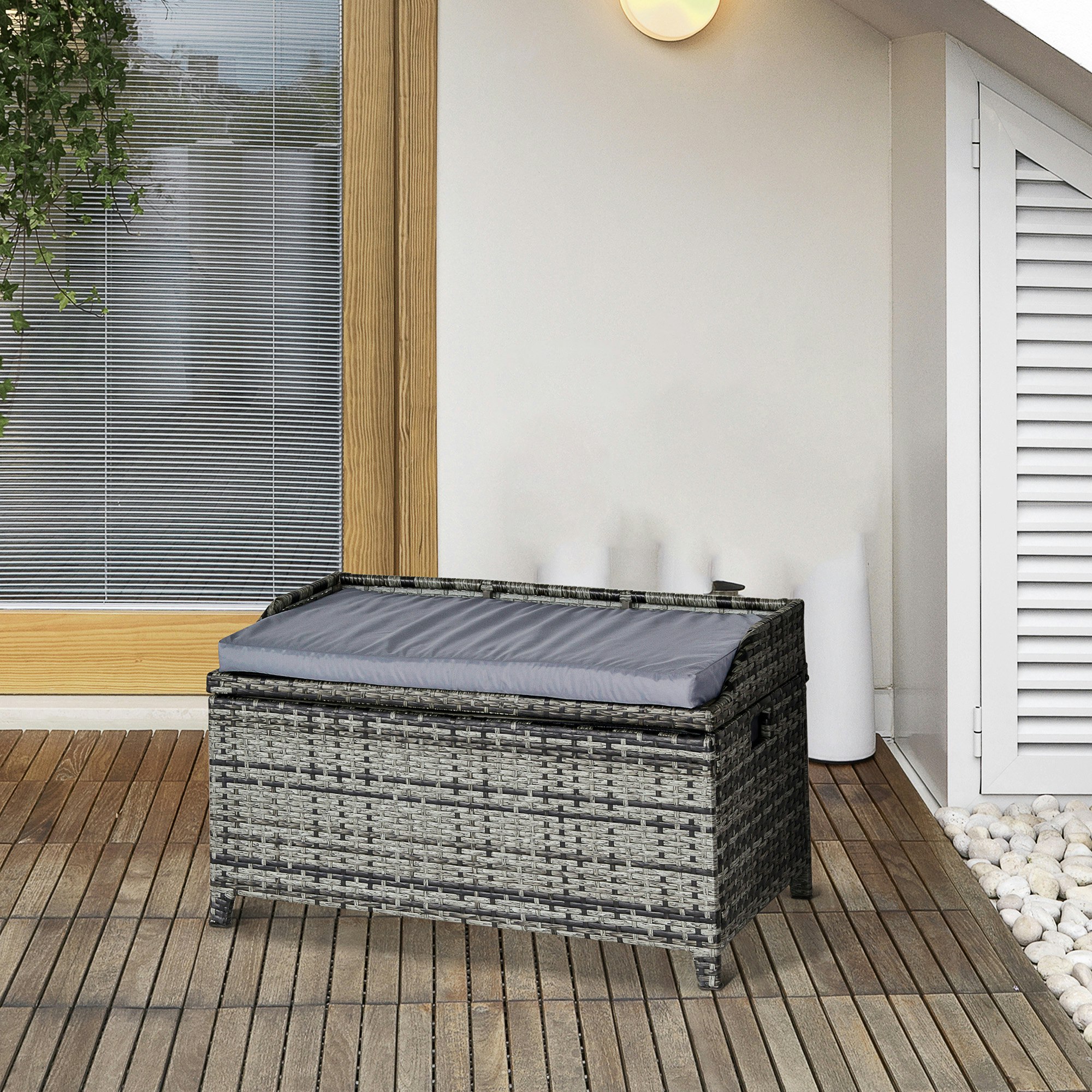 Rackhams Grey Rattan Outdoor Storage Bench With Aluminium Frame - 102 X 51 X 52Cm - Mixed
