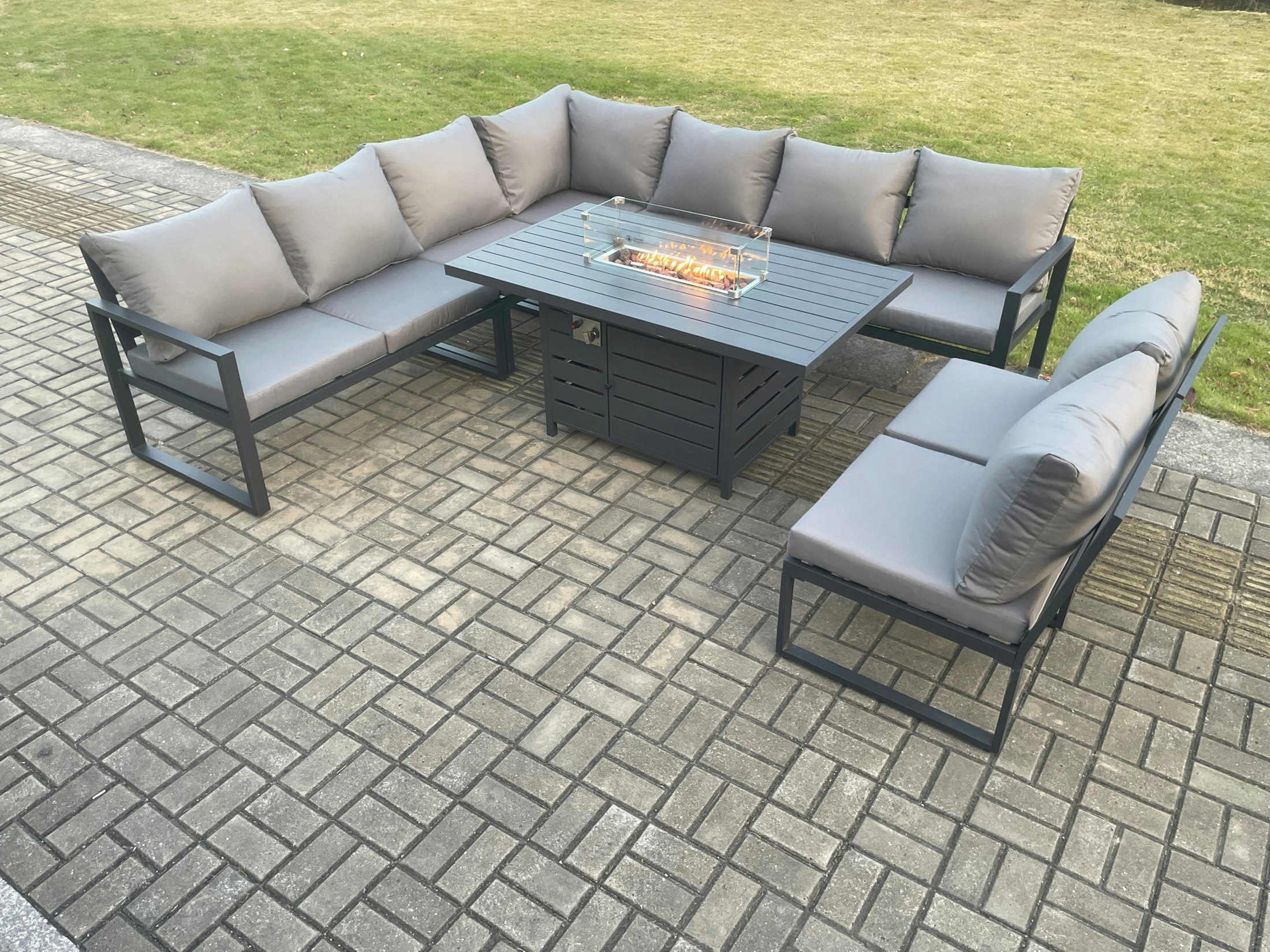 Rackhams Dark/Grey Aluminium 9 Seater Lounge Corner Sofa Outdoor Garden Furniture Sets Gas Fire Pit Dining Table Set