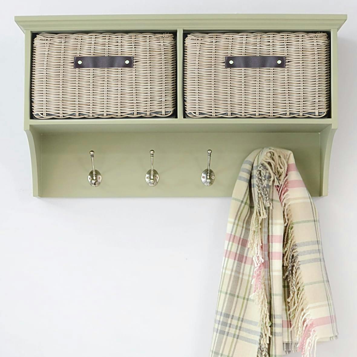 Statement Furniture Green Tetbury Wall Coat Rack With 2 Strong Storage Baskets. Assembled Hallway Storage Shelf - Sage