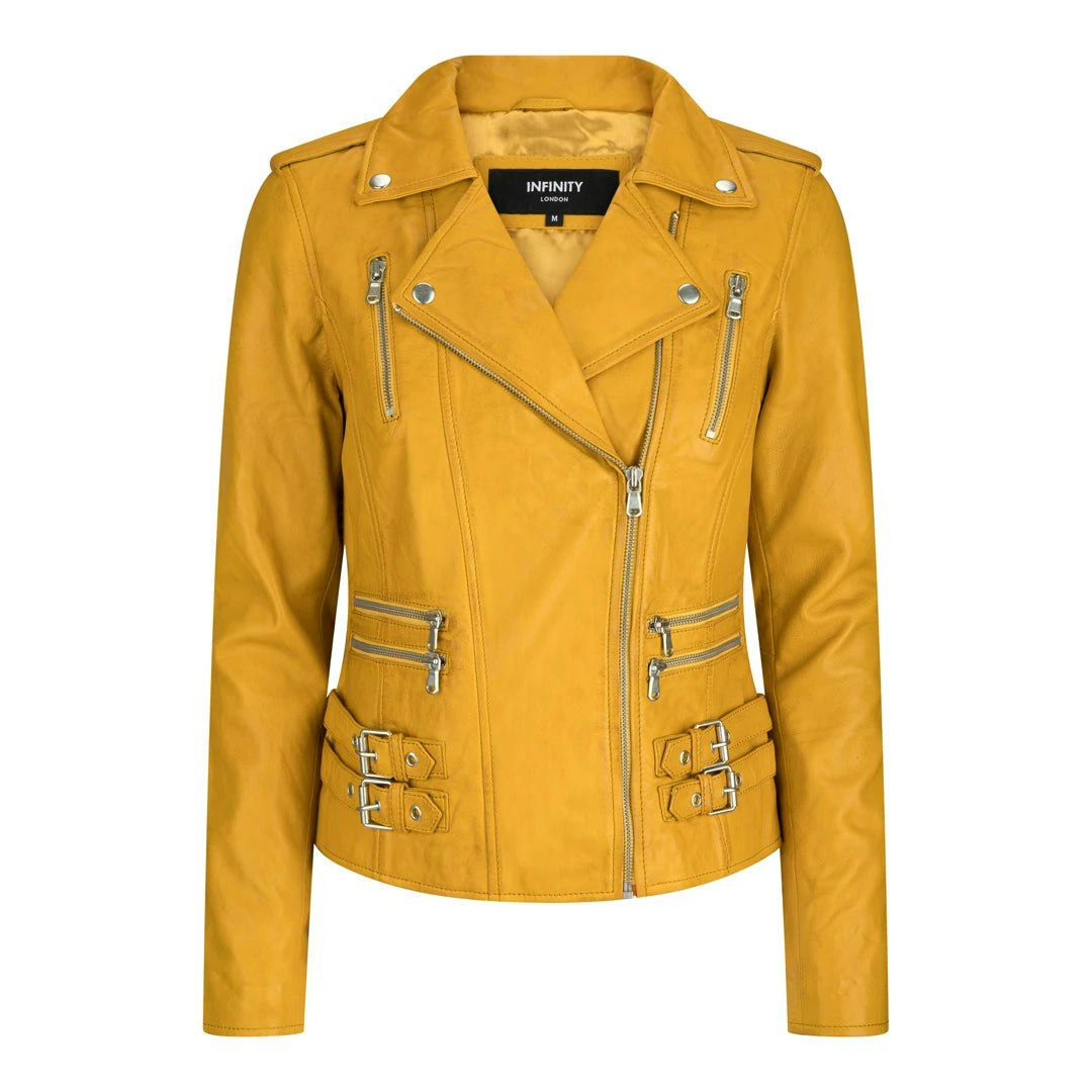 Infinity Leather Women's Yellow Leather Company Leather Short Biker Jacket - Uk 22