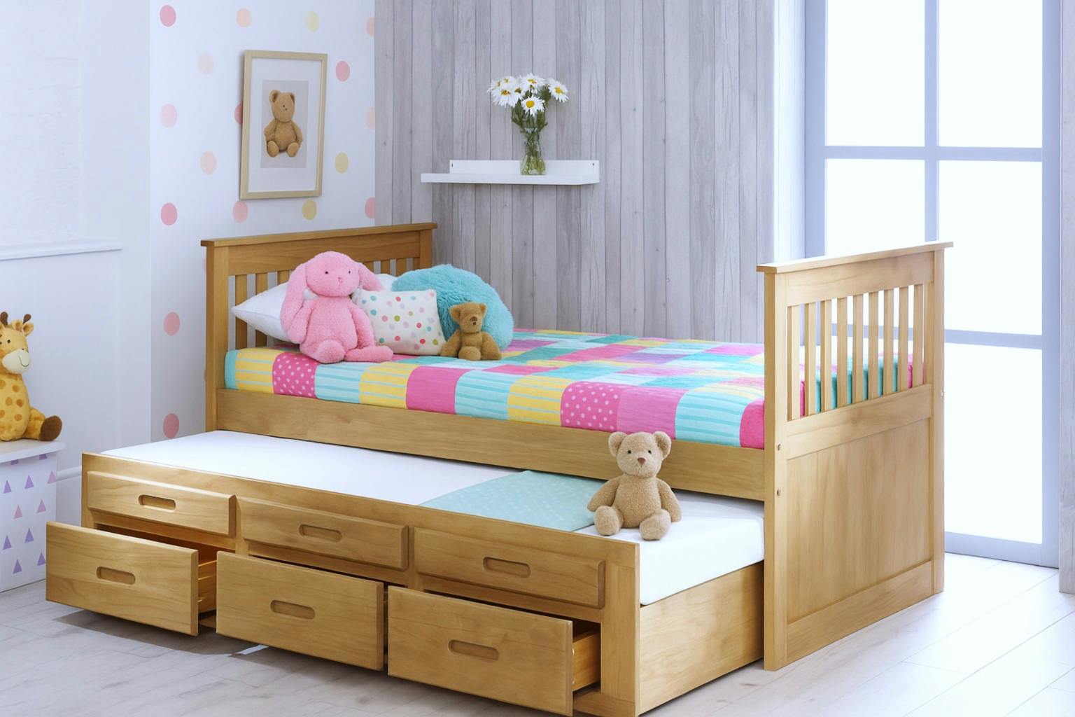 Captains Tm White Captains Guest Bed With Pull Out Trundle And 3 Storage Drawers, Solid Pine, 3Ft Single, Or Waxed - Waxed