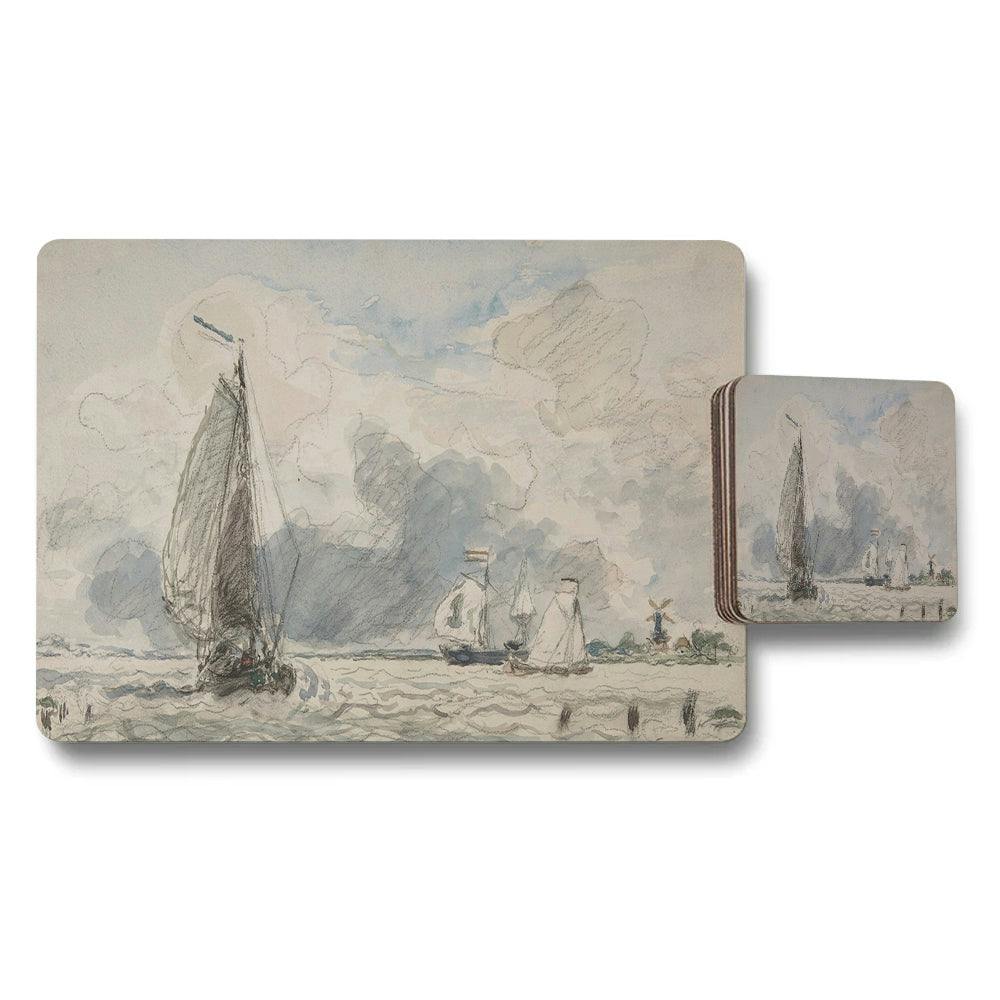 Benjamin Tate Design Blue/Beige/Grey Nautical Sailboat Landscape Placemats And Coaster Set