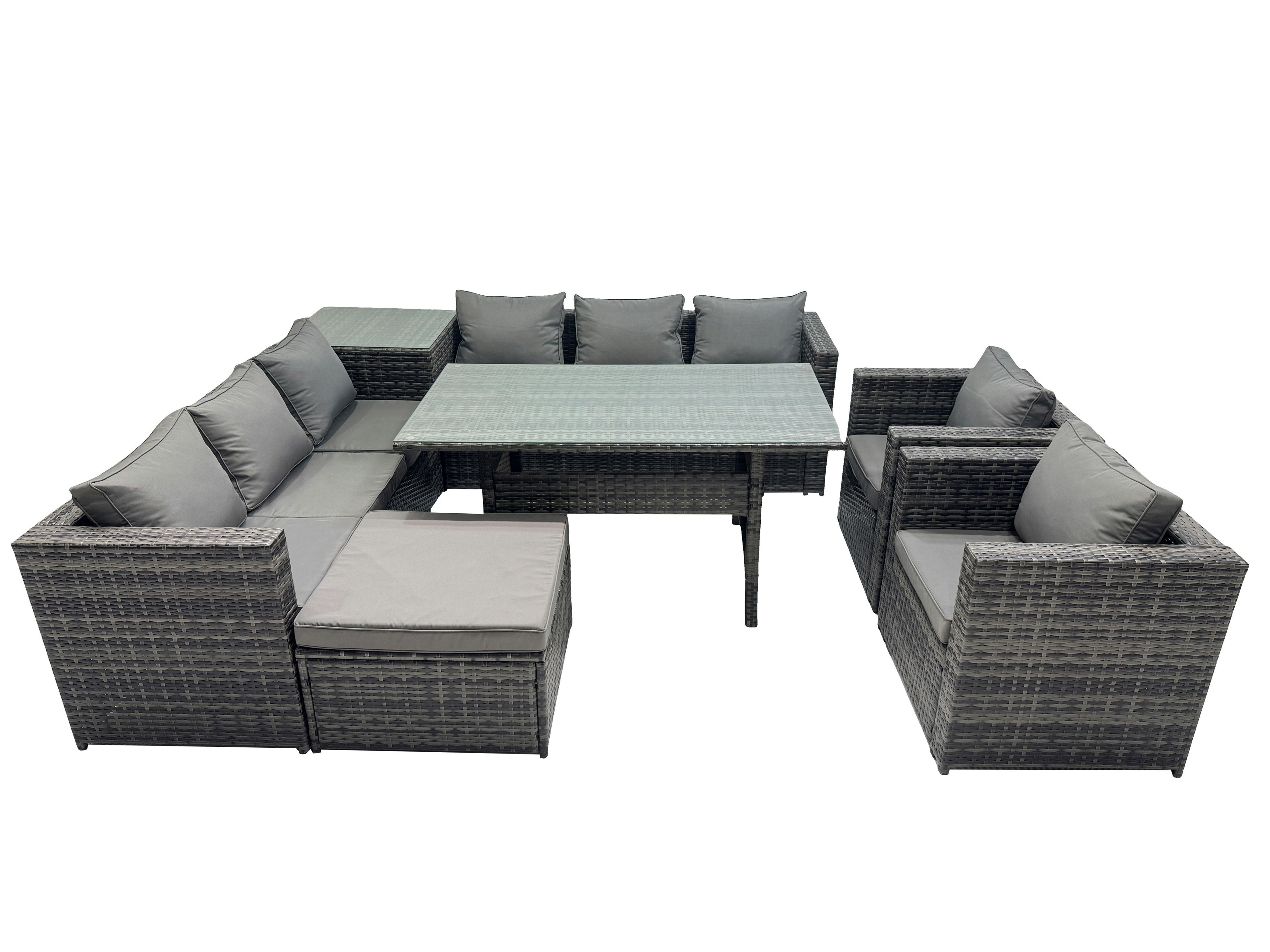 Rackhams Dark/Grey Outdoor Corner Sofa Chair Dining Table Set Garden Rattan Furniture Set 9 Seater With Side Table Big Stool