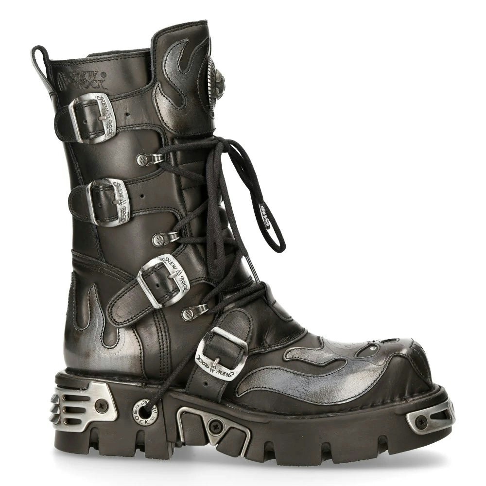 New Rock Black/Silver 107-S2 Gothic Leather Flame Boots - Eu 44