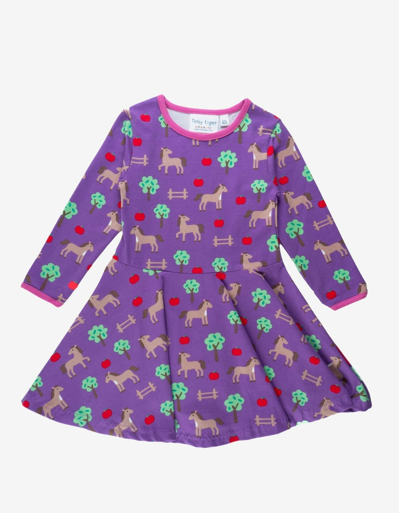 Toby Tiger Pink/Purple Organic Horse Print Long-Sleeved Skater Dress - 6-7Y / 122Cm
