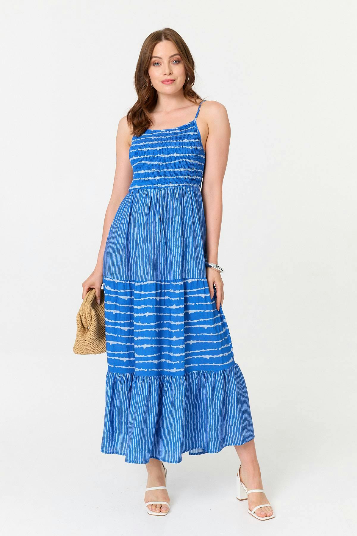Izabel London Blue Striped Cami Strap Shirred Maxi Dress - 14