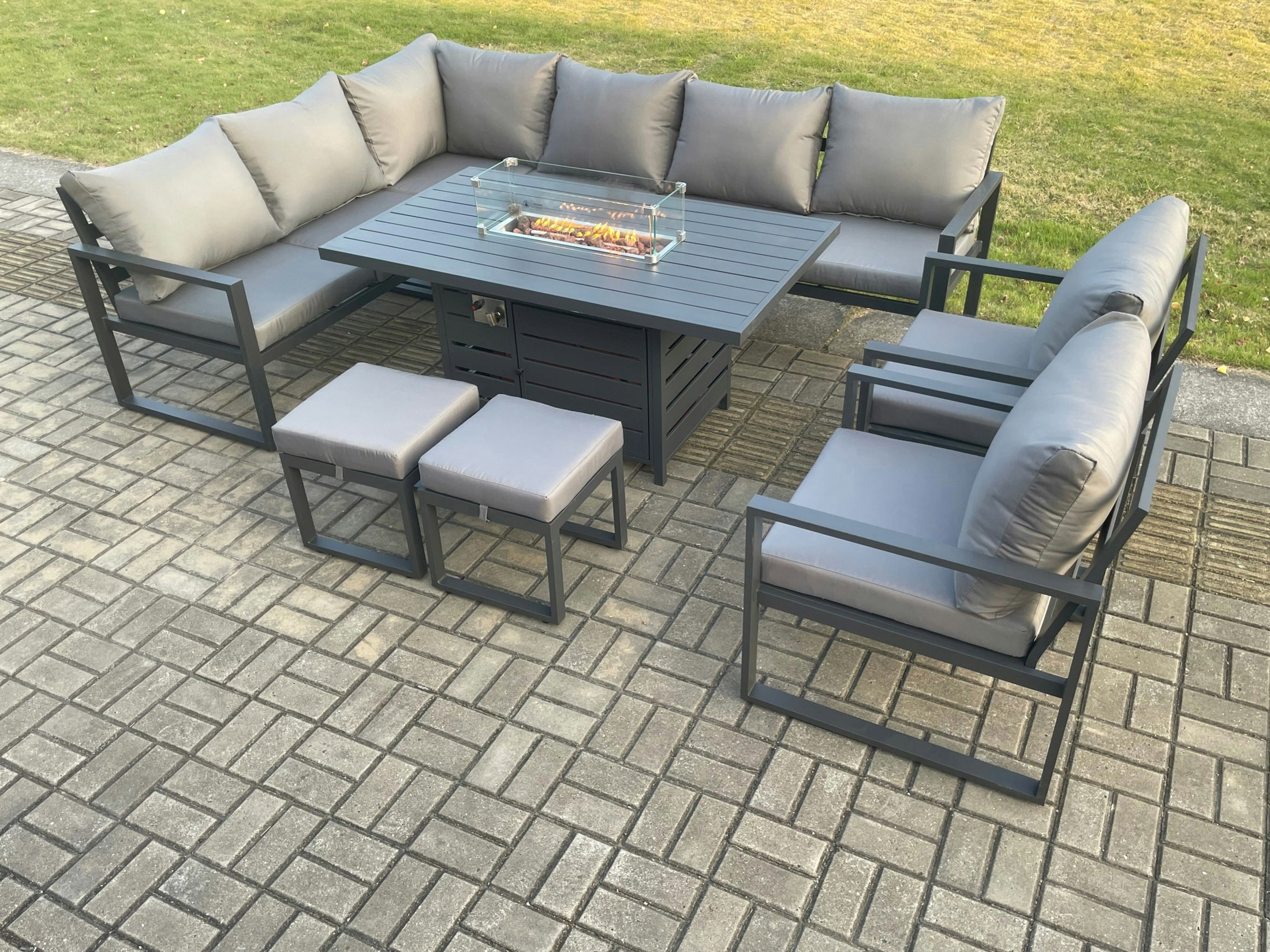 Fimous Dark/Grey Aluminium Patio Outdoor Garden Furniture Corner Sofa Set Gas Fire Pit Dining Table With 2 Chairs 2 Small Footstools
