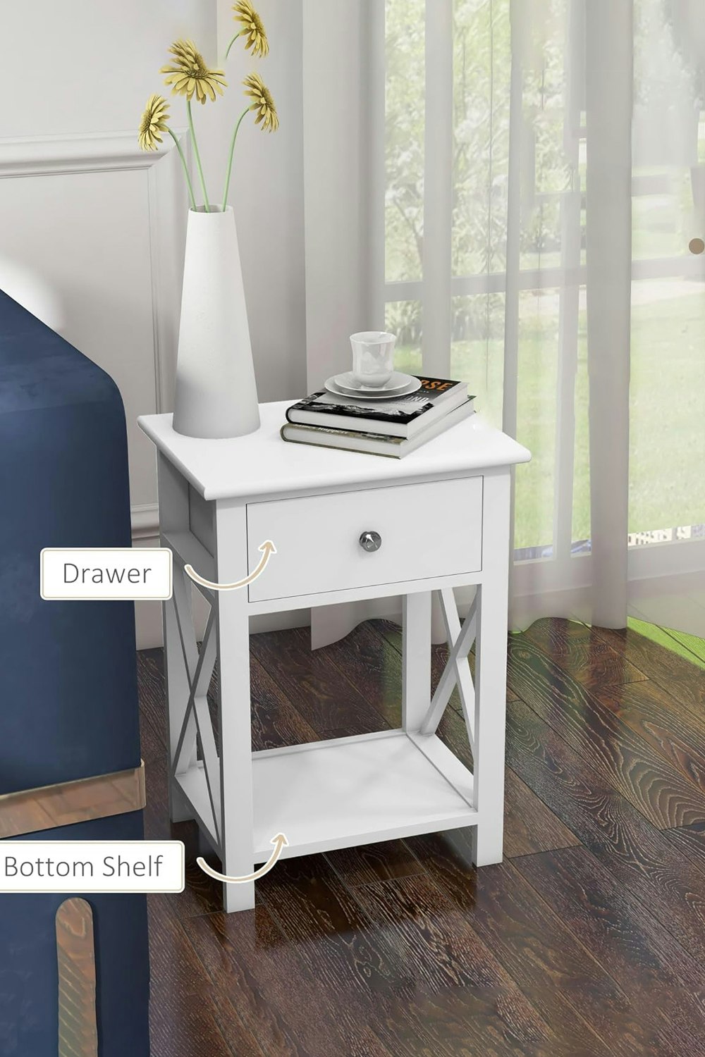 Rackhams White 2-Tier Drawer Nightstand Wooden Bedside Table With Storage Shelf 55.5Cm H