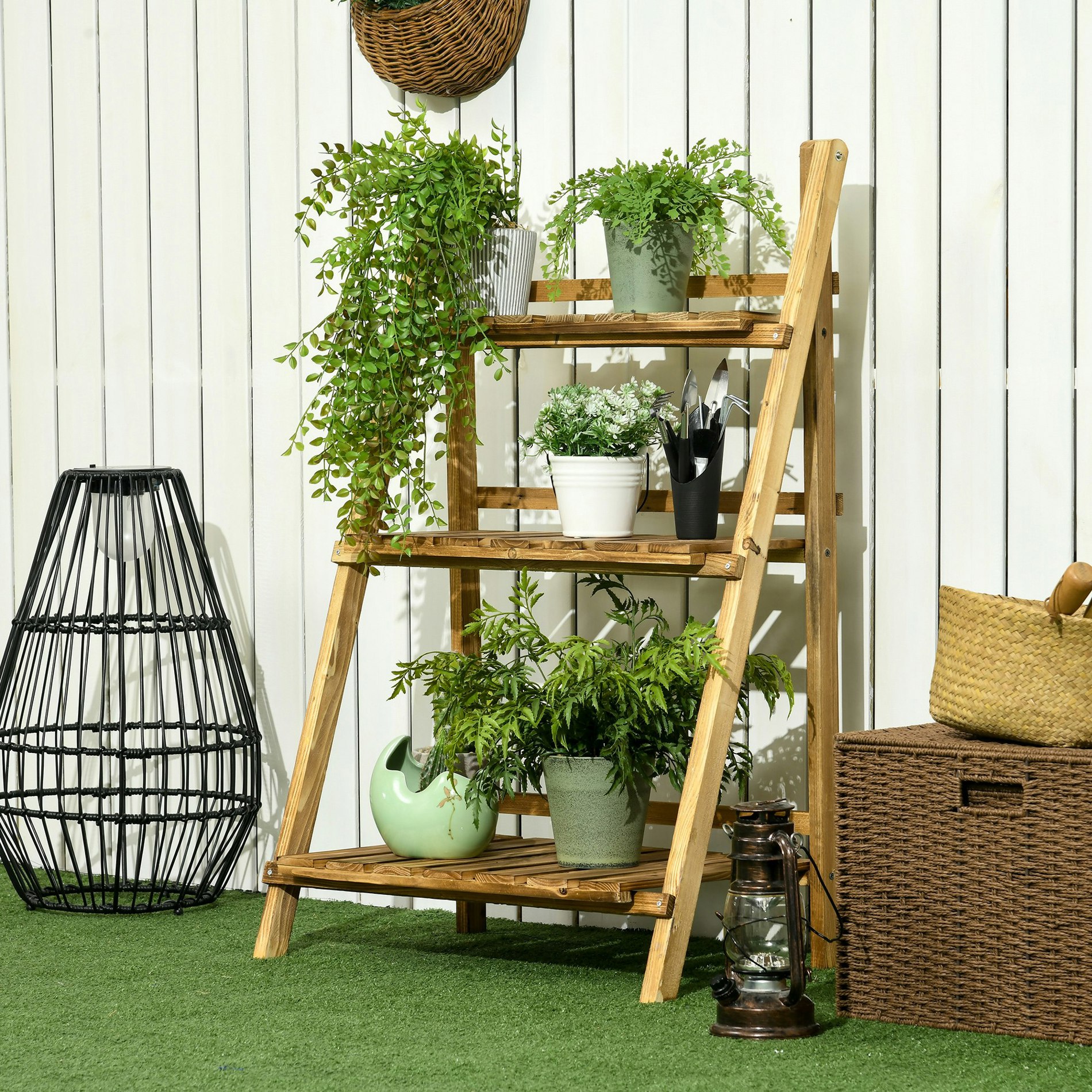 Rackhams Brown 3-Tier Folding Wooden Flower Stand Plant Display For Garden Patio - Fir Wood - 60L X 37W X 93H (Cm)