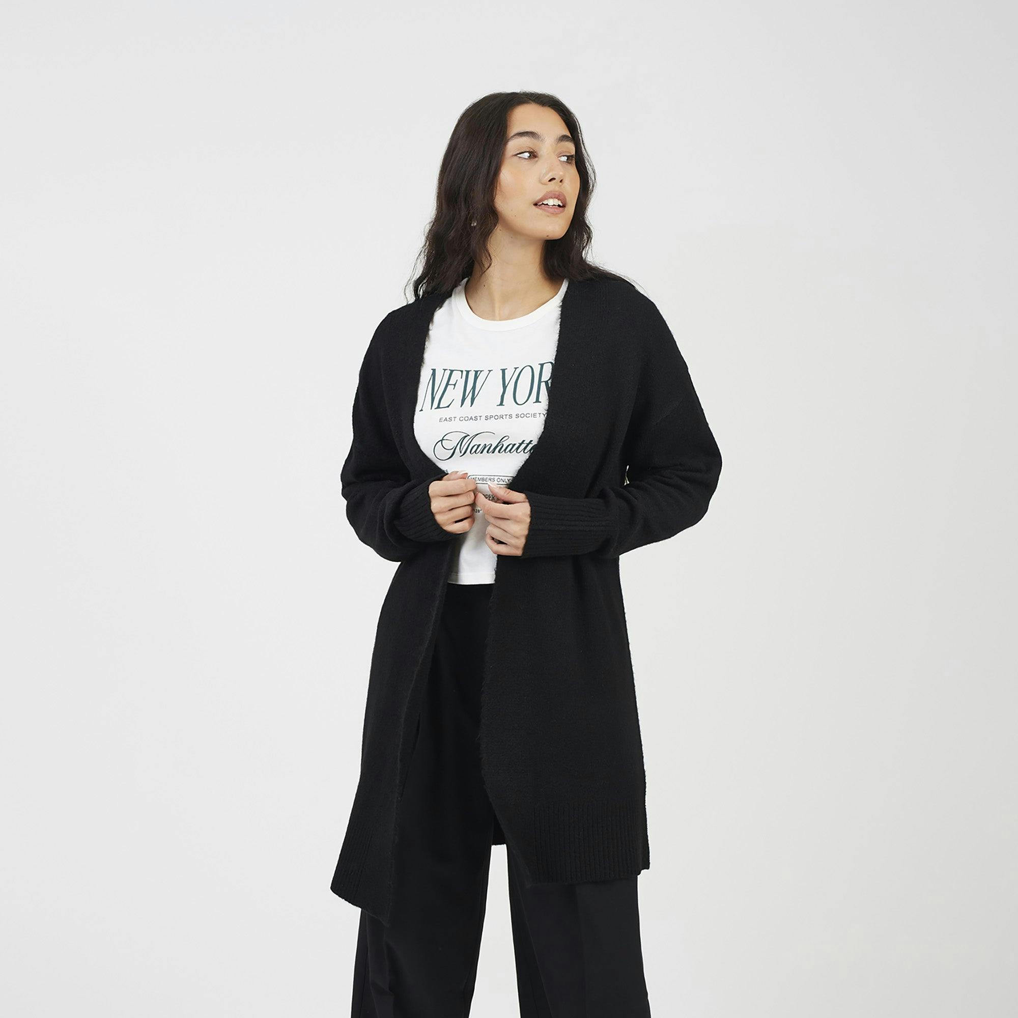 Brave Soul Black Longline Dropped Shoulder Cardigan - S