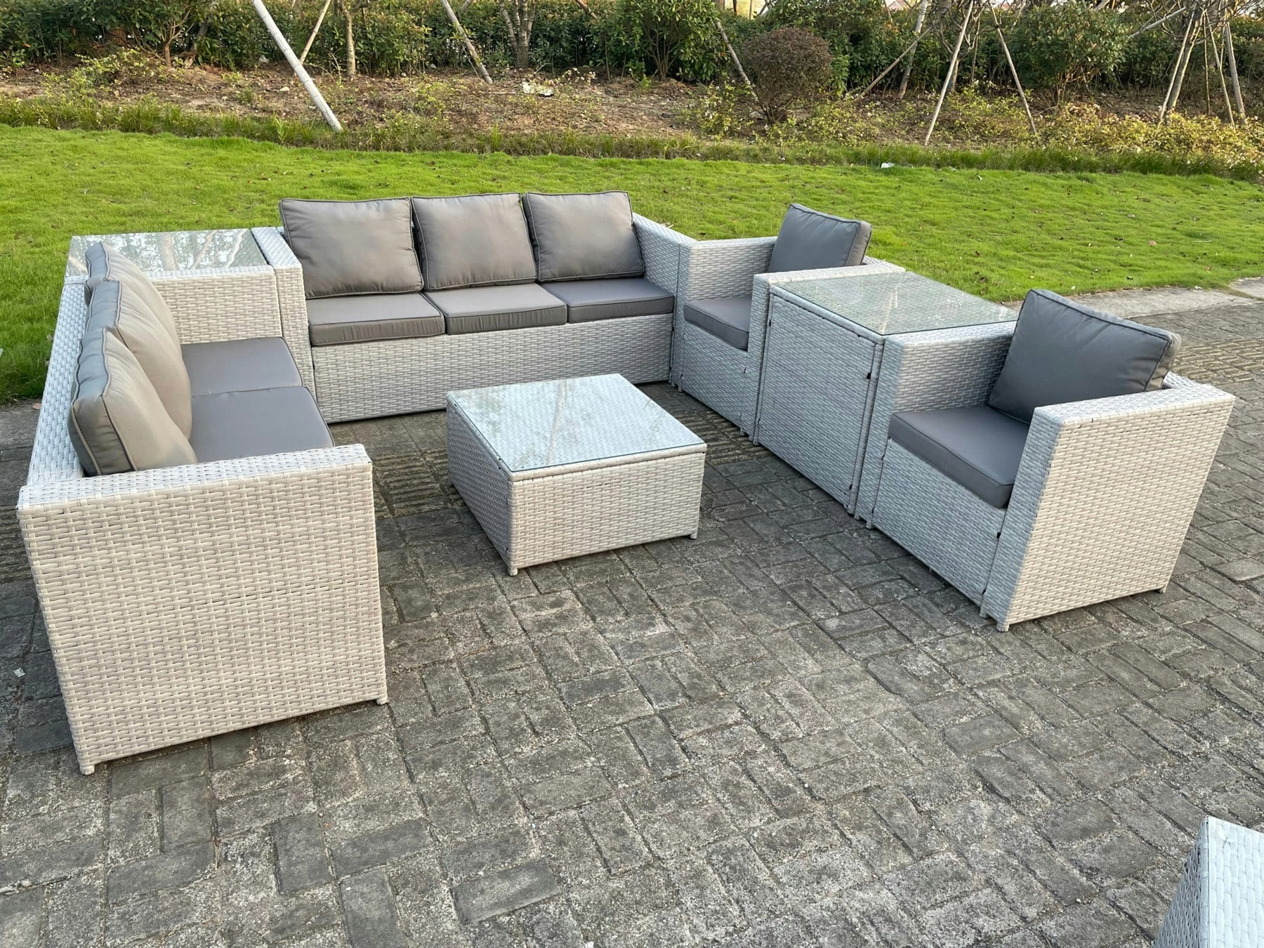 Fimous Light/Grey Outdoor Pe Rattan Garden Furniture Set Wicker Sofa Set Square Coffee Table 2 Armchair Side Table