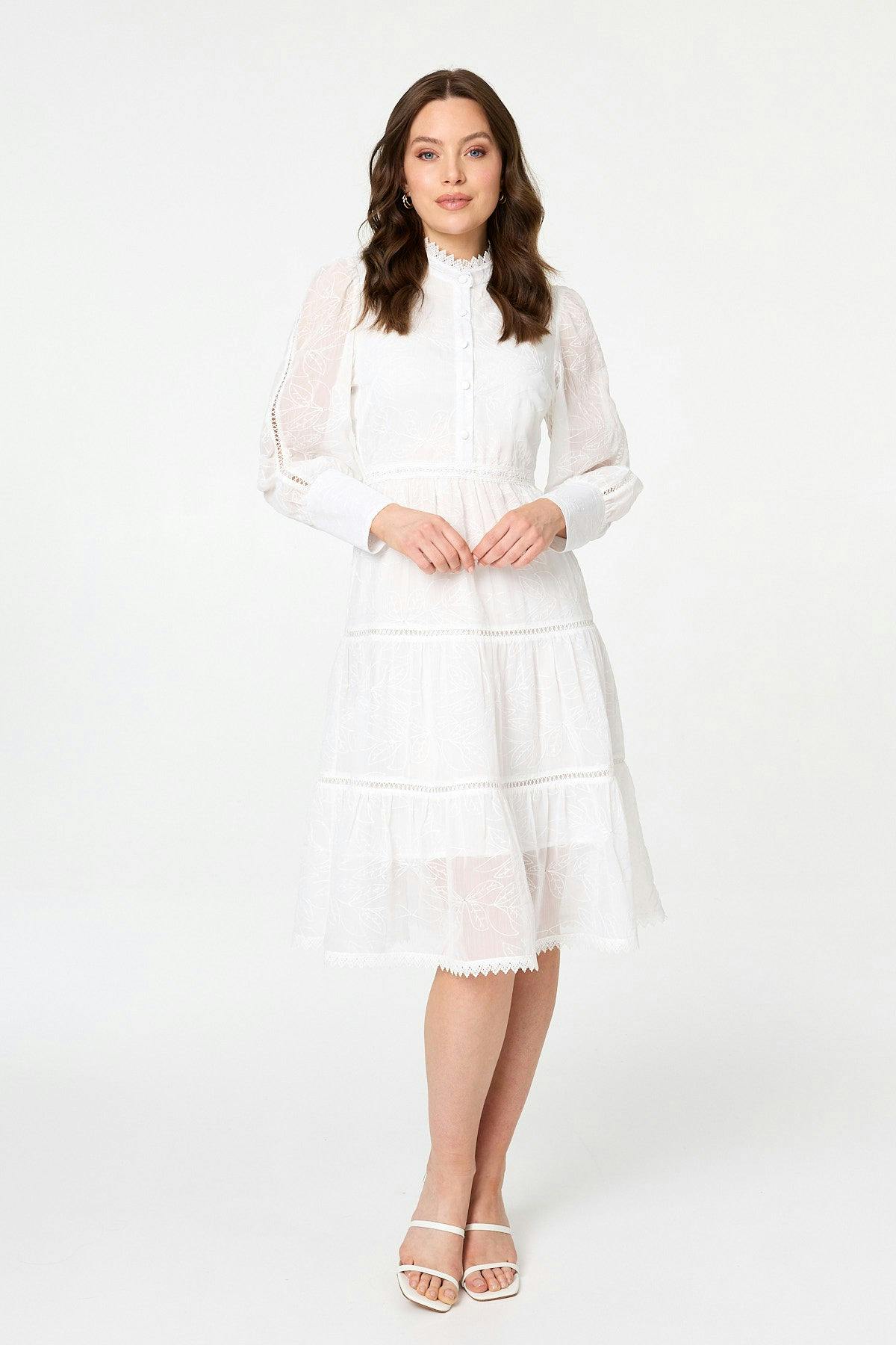 Izabel London White Embroidered Tiered Knee Length Dress - 18