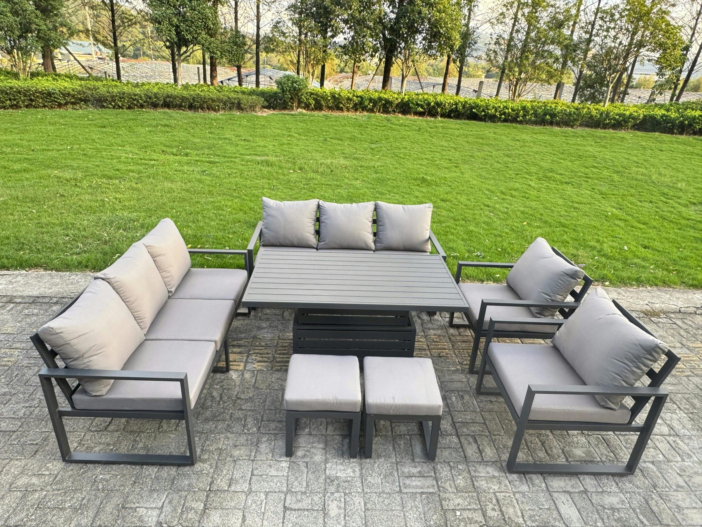 Rackhams Dark/Grey 10 Seater Aluminium Garden Furniture Set With Adjustable Rising Dining Table & Cushions