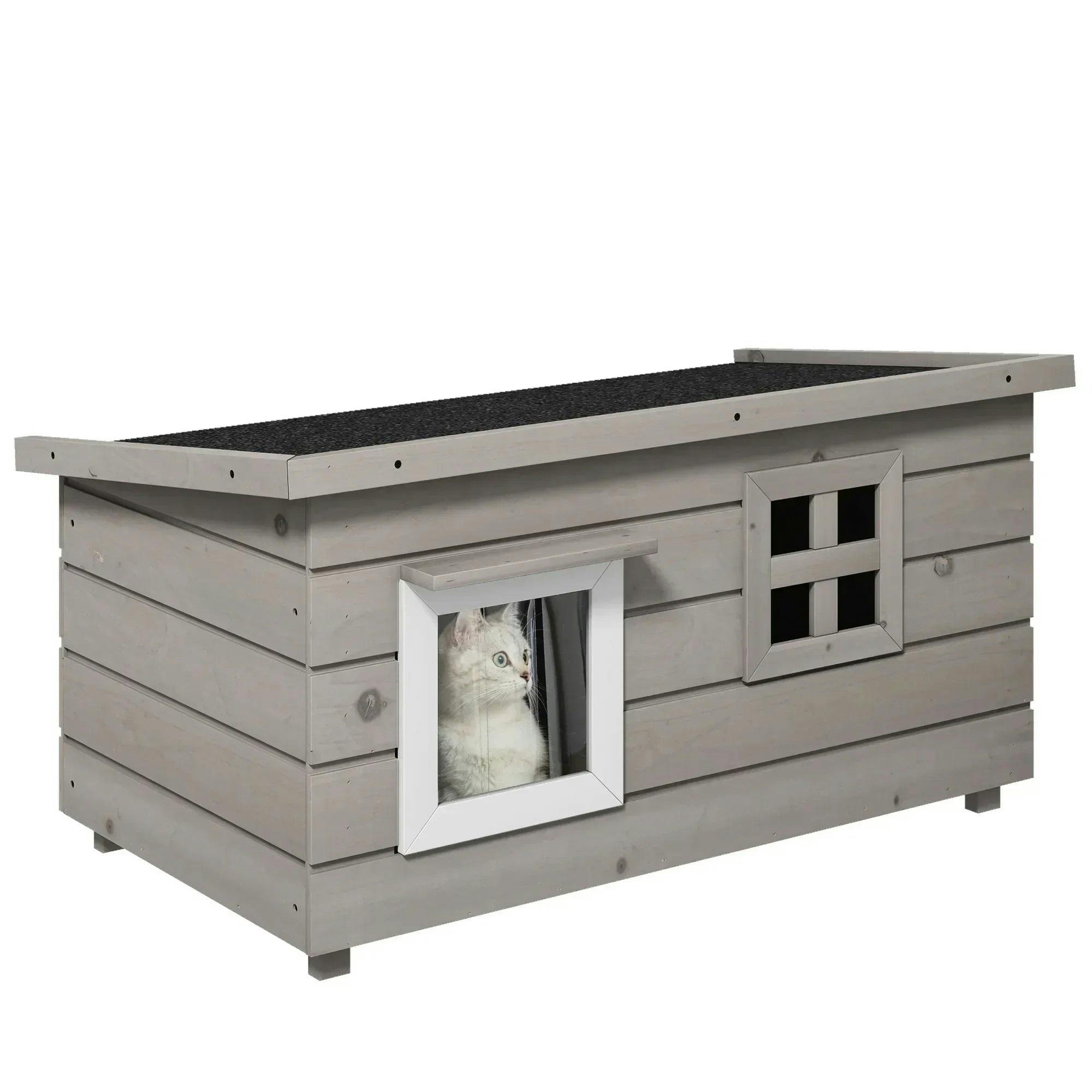 Wooden Cat House Outdoor with Openable Top Asphalt Roof Window Grey - Image 6