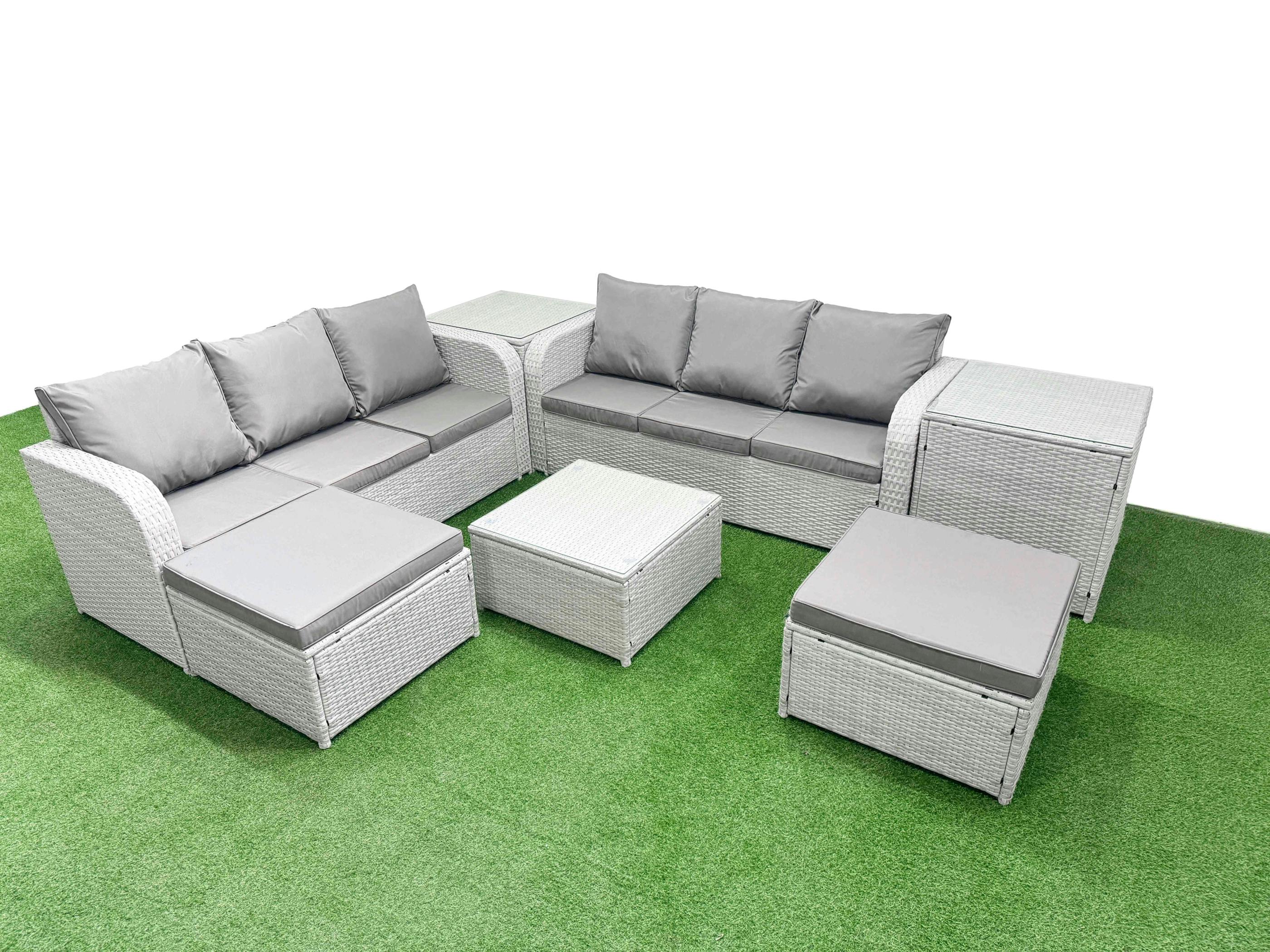 Fimous Light/Grey 8 Seater Patio Sofa Set, Wicker, Square Coffee Table, High Back Lounge Sofa, 2 Big Footstools And 2 Side Tables,