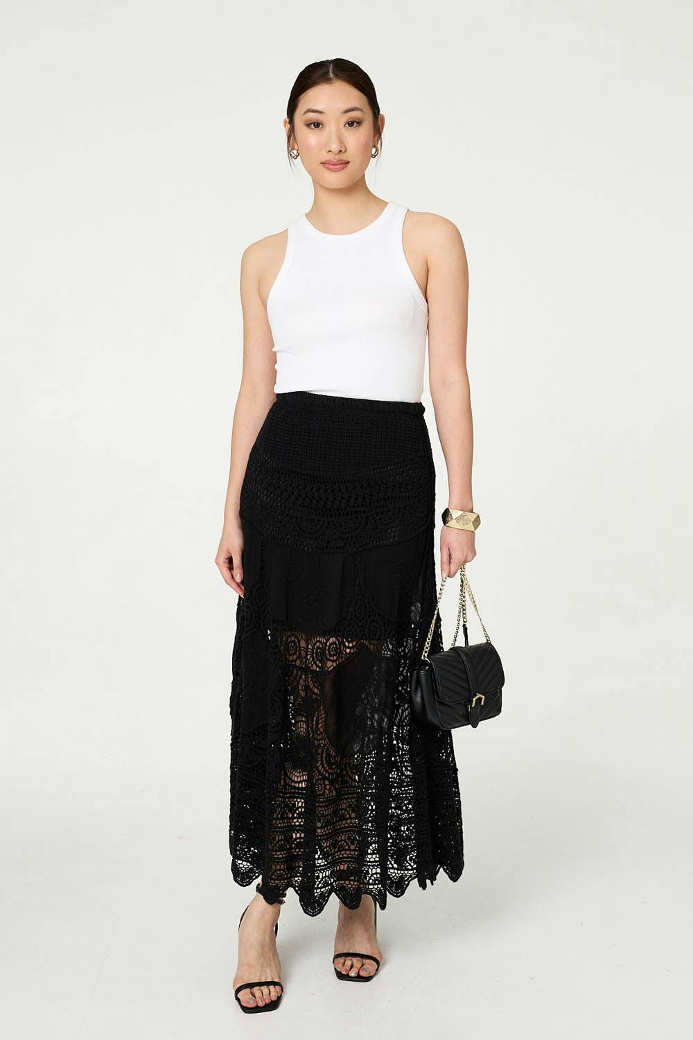 Izabel London Black Floral Crochet Mesh Layered Maxi Skirt - S/M