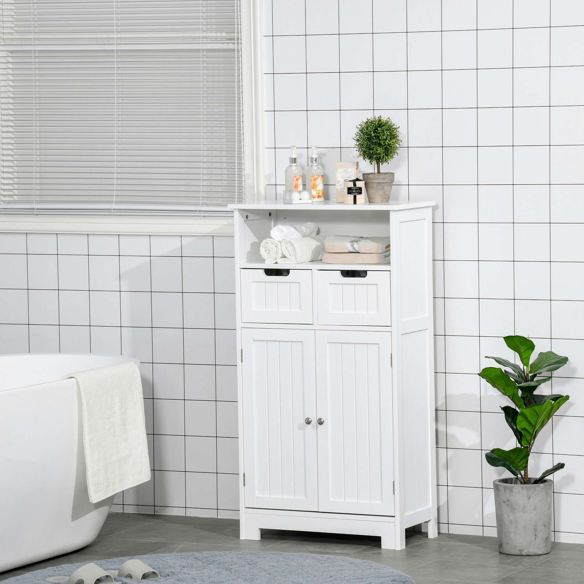 Kleankin White Bathroom Storage Cabinet With Adjustable Shelf And Removable Drawers